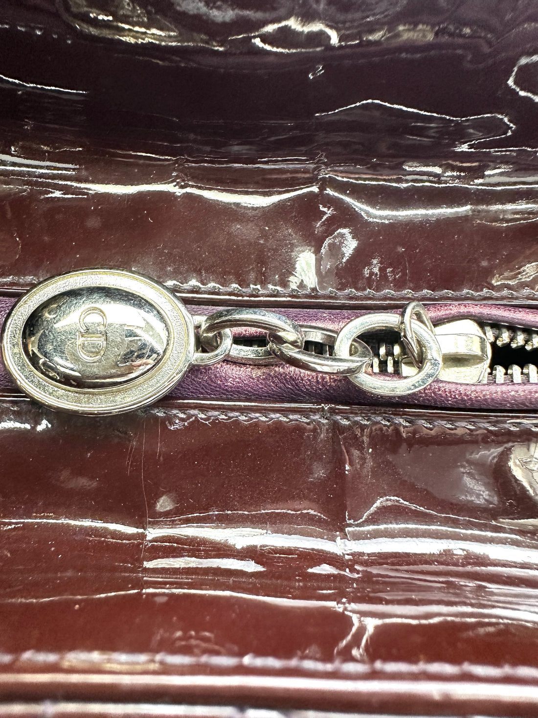 Christian Dior Lady Dior Dark Red Cannage Patent Leather Handle Bag With Silver Charms DR693