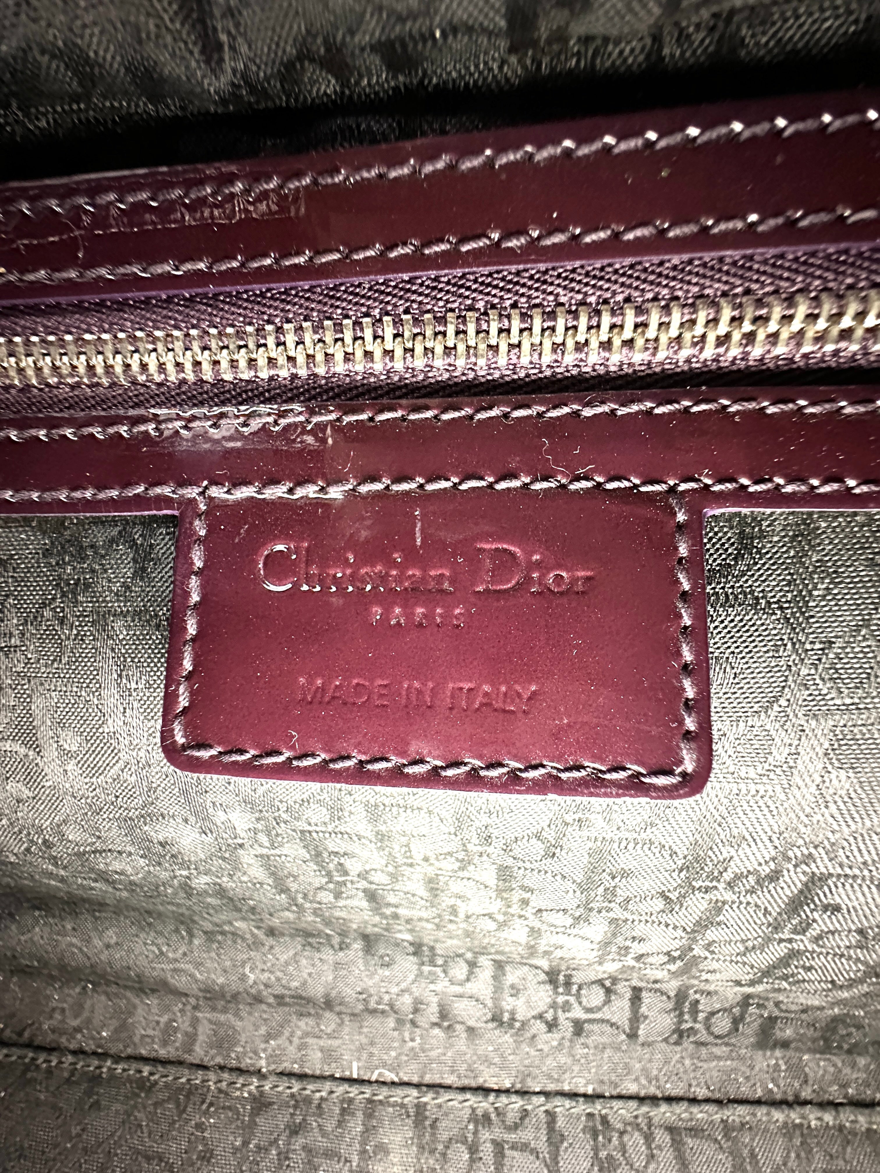 Christian Dior Lady Dior Dark Red Cannage Patent Leather Handle Bag With Silver Charms DR693