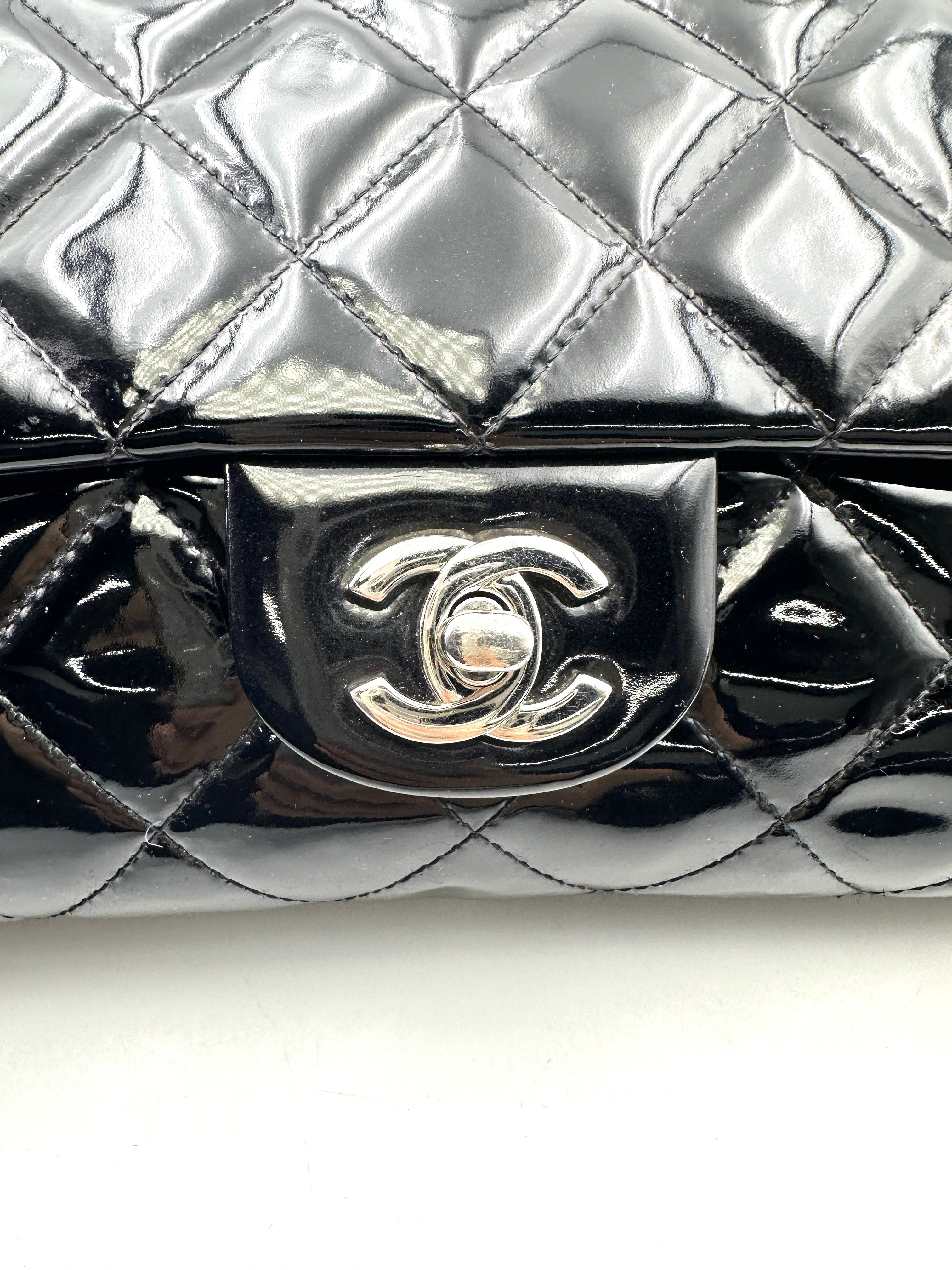 Chanel Classic Flap Black Quilted Patent Leather Flap Bag With Silver Buckle(17***28) CC1830