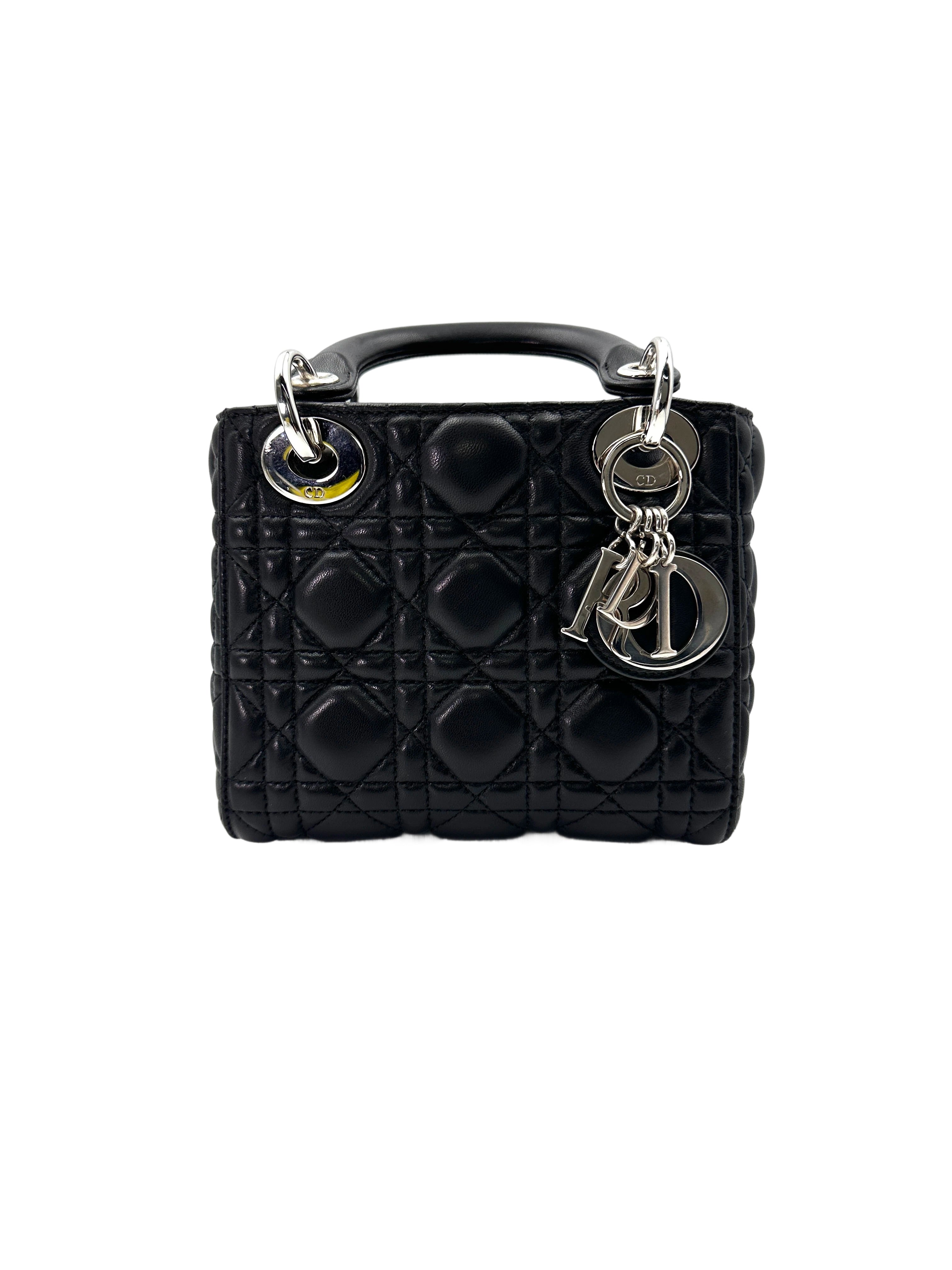 Christian Dior Lady Dior Black Cannage Leather Handle Bag With Silver Charms DR697
