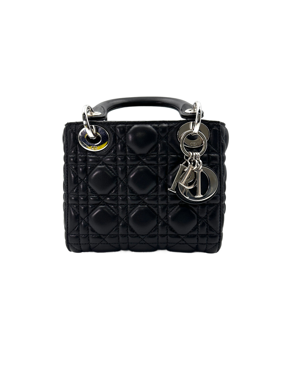 Christian Dior Lady Dior Black Cannage Leather Handle Bag With Silver Charms DR697