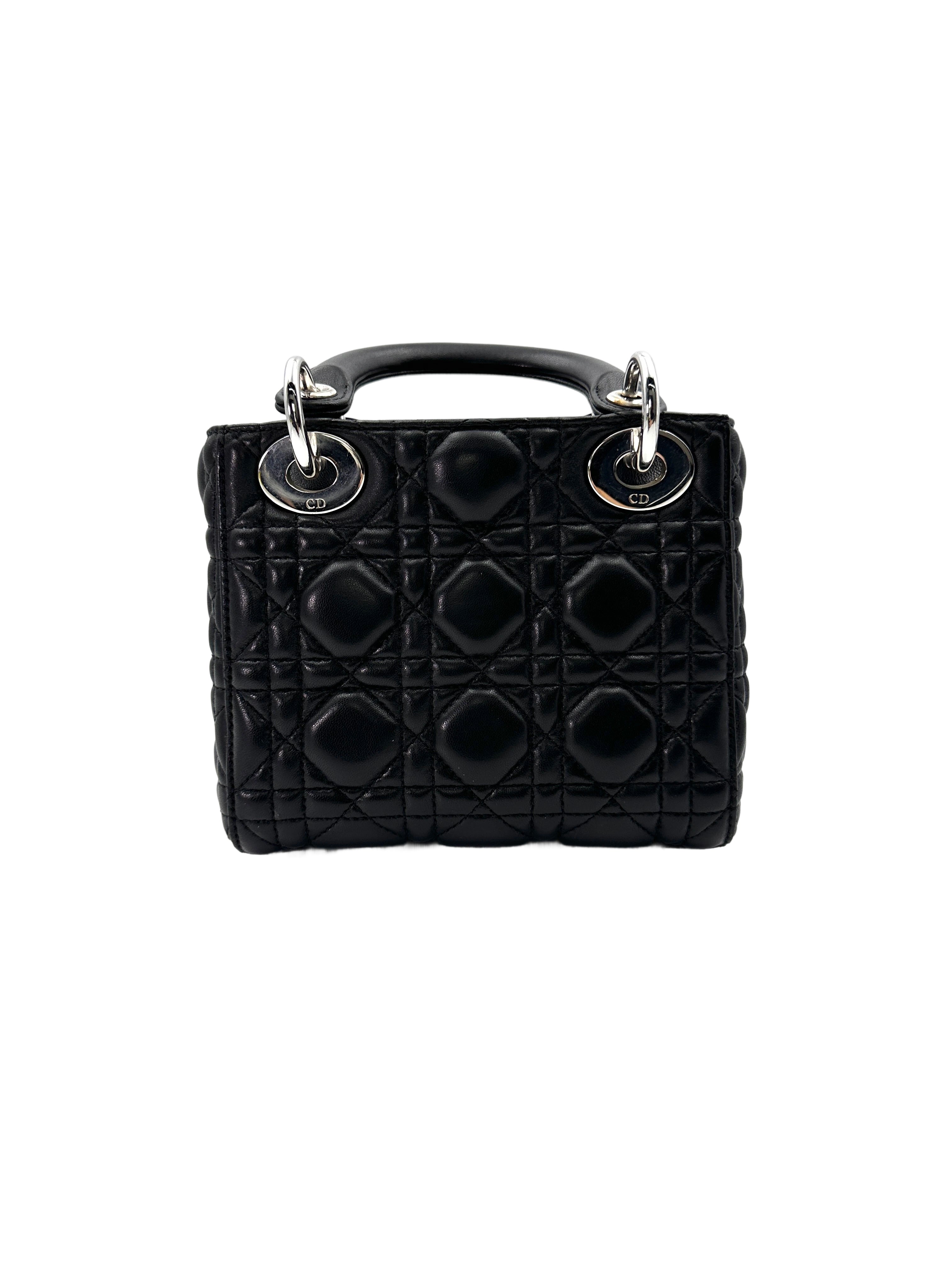 Christian Dior Lady Dior Black Cannage Leather Handle Bag With Silver Charms DR697