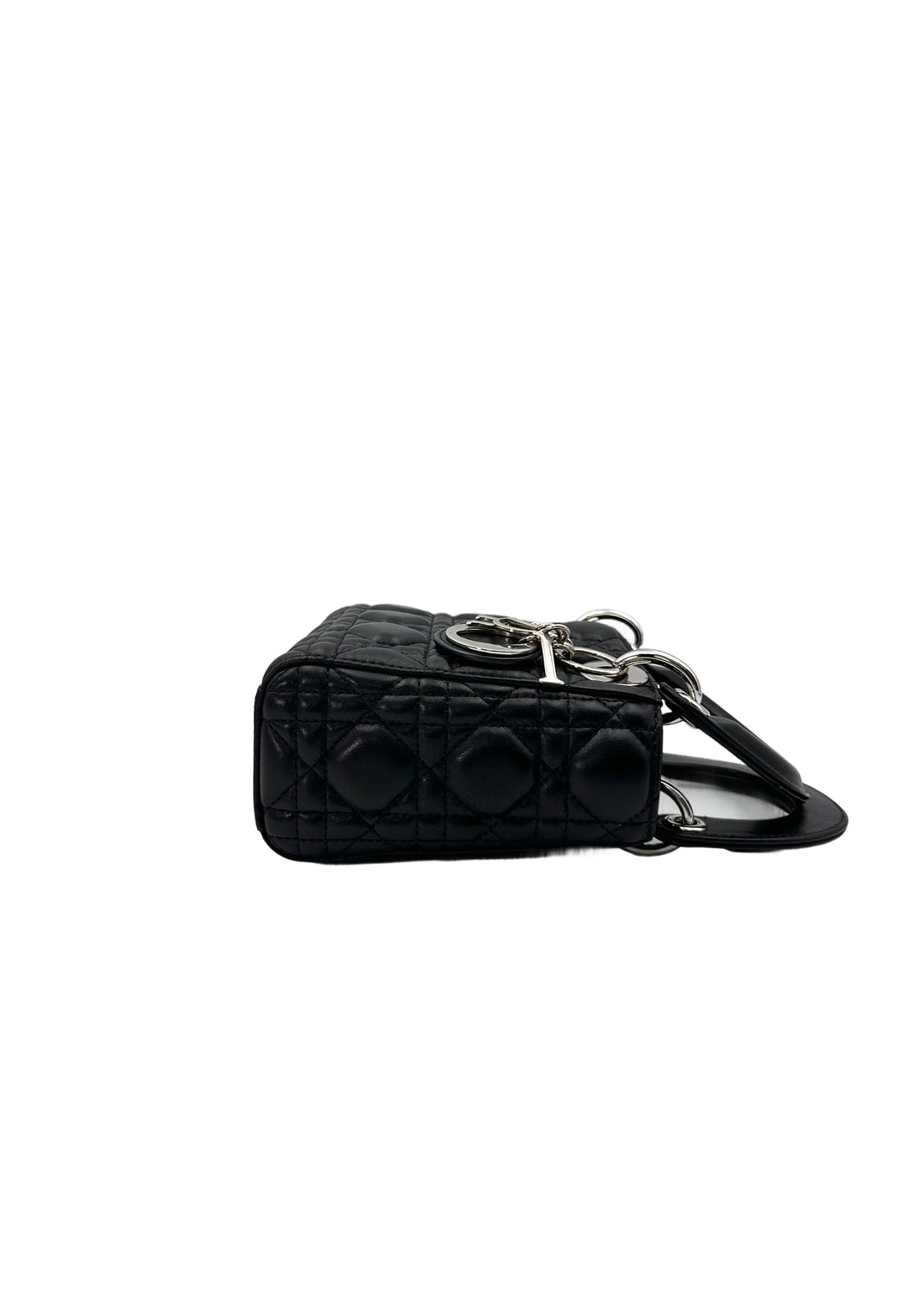Christian Dior Lady Dior Black Cannage Leather Handle Bag With Silver Charms DR697