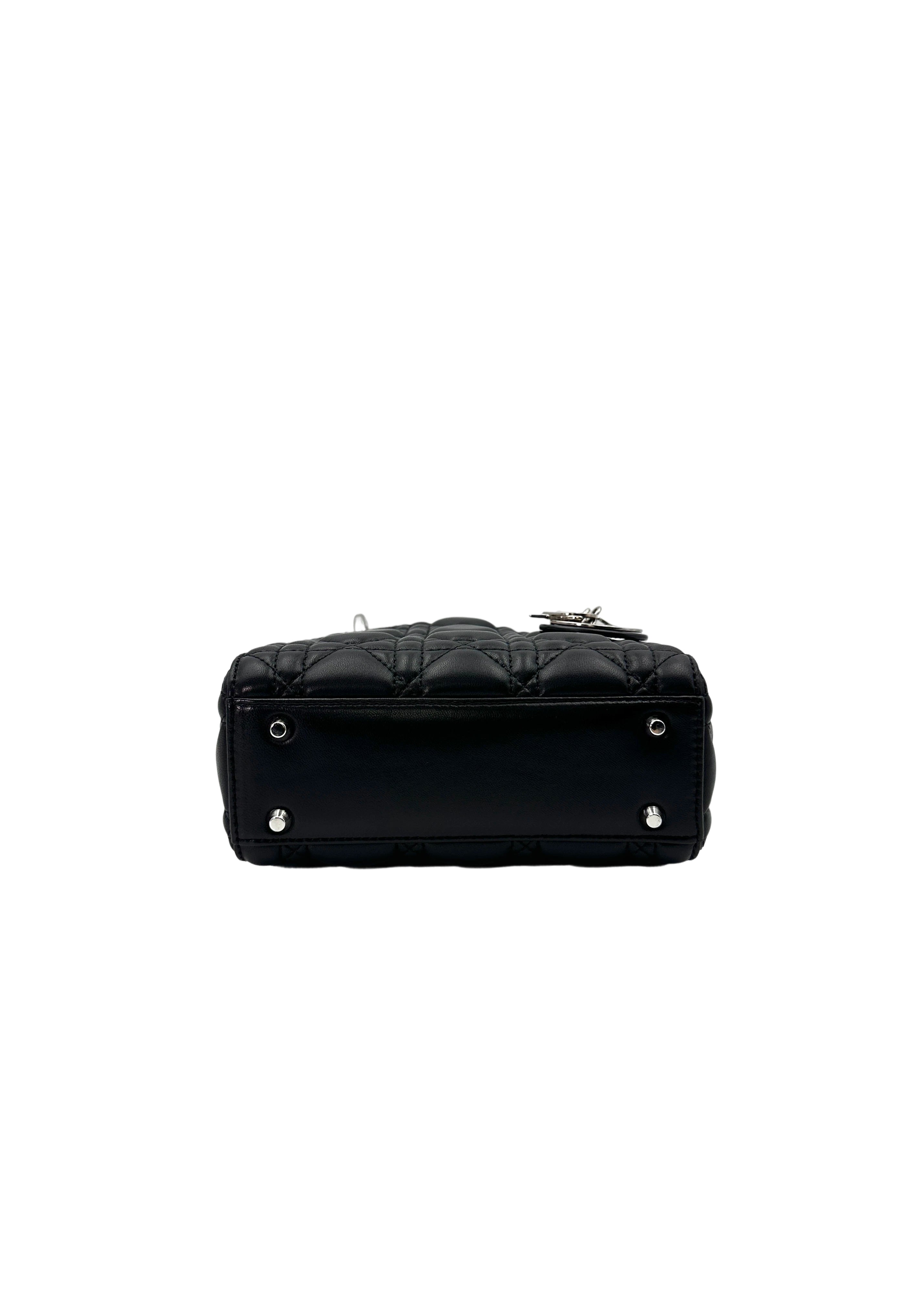 Christian Dior Lady Dior Black Cannage Leather Handle Bag With Silver Charms DR697