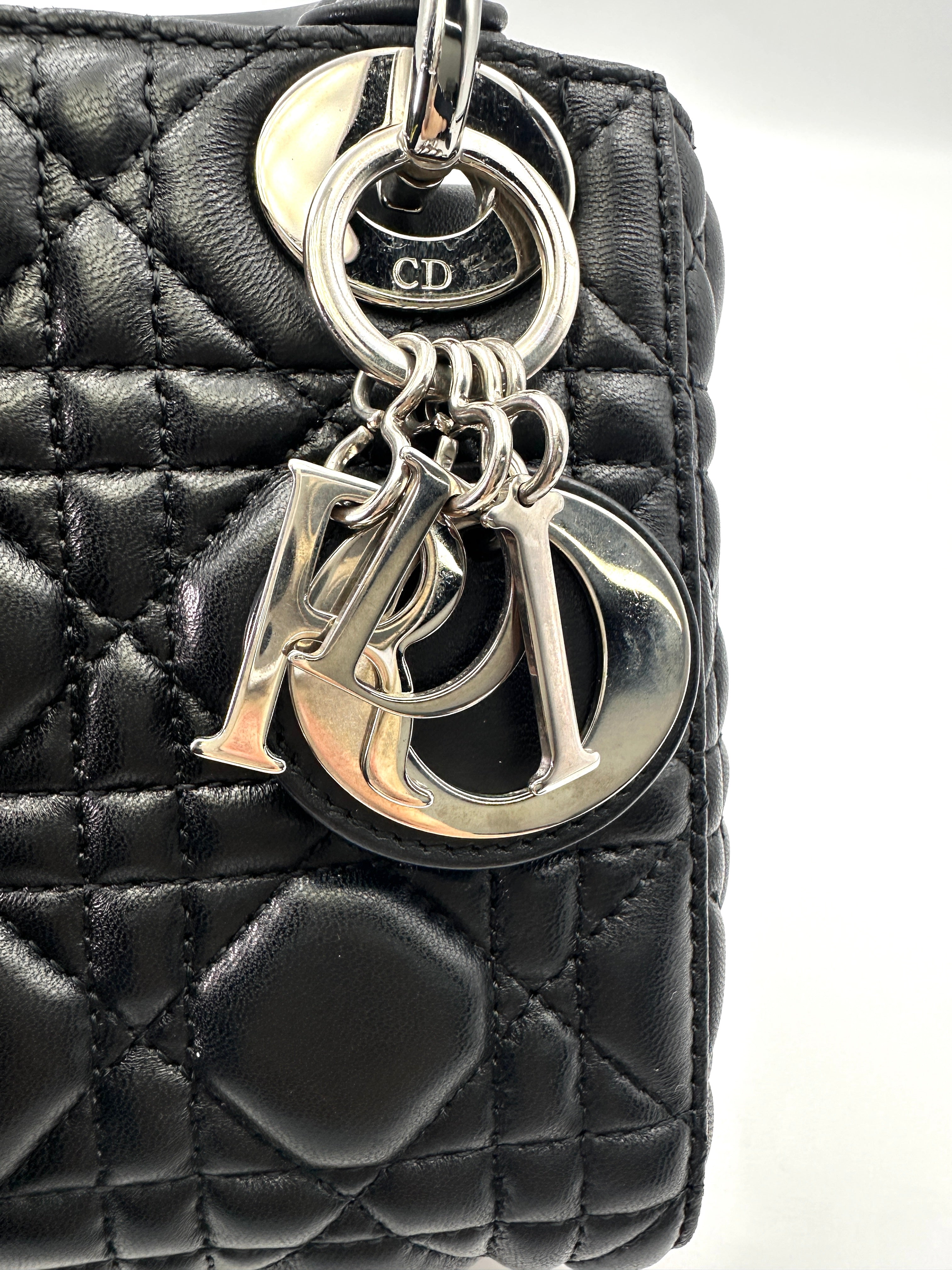 Christian Dior Lady Dior Black Cannage Leather Handle Bag With Silver Charms DR697