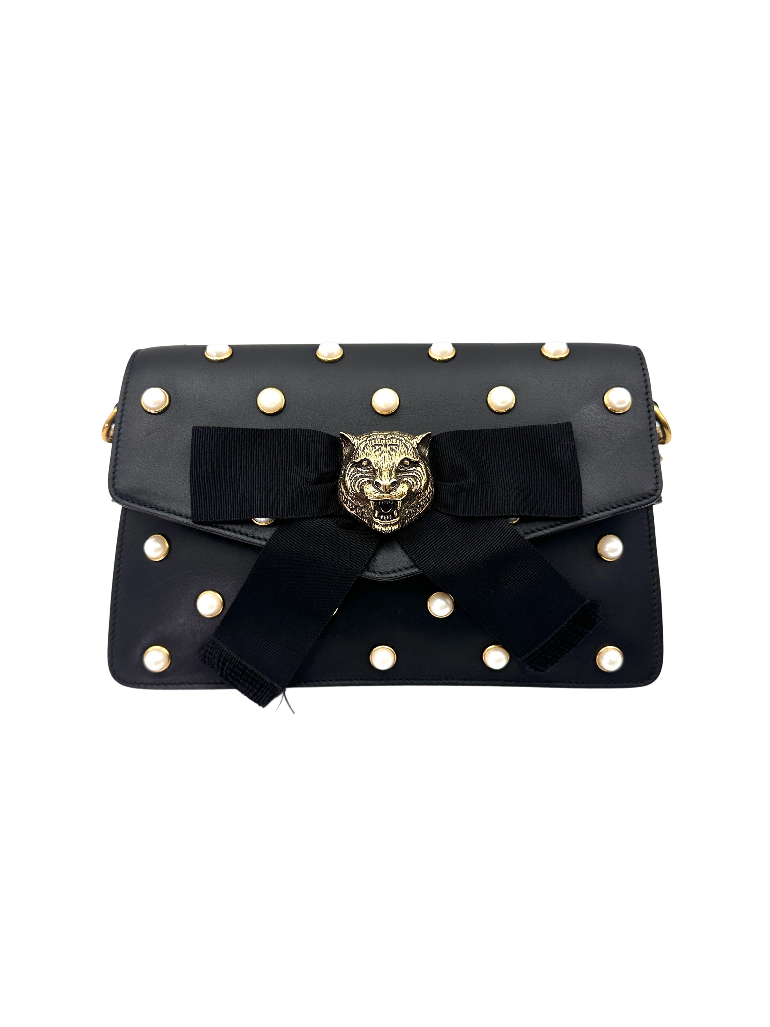 Gucci Broadway Black Pearl Studded Leather Shoulder Bag With Tiger Head Buckle GG881