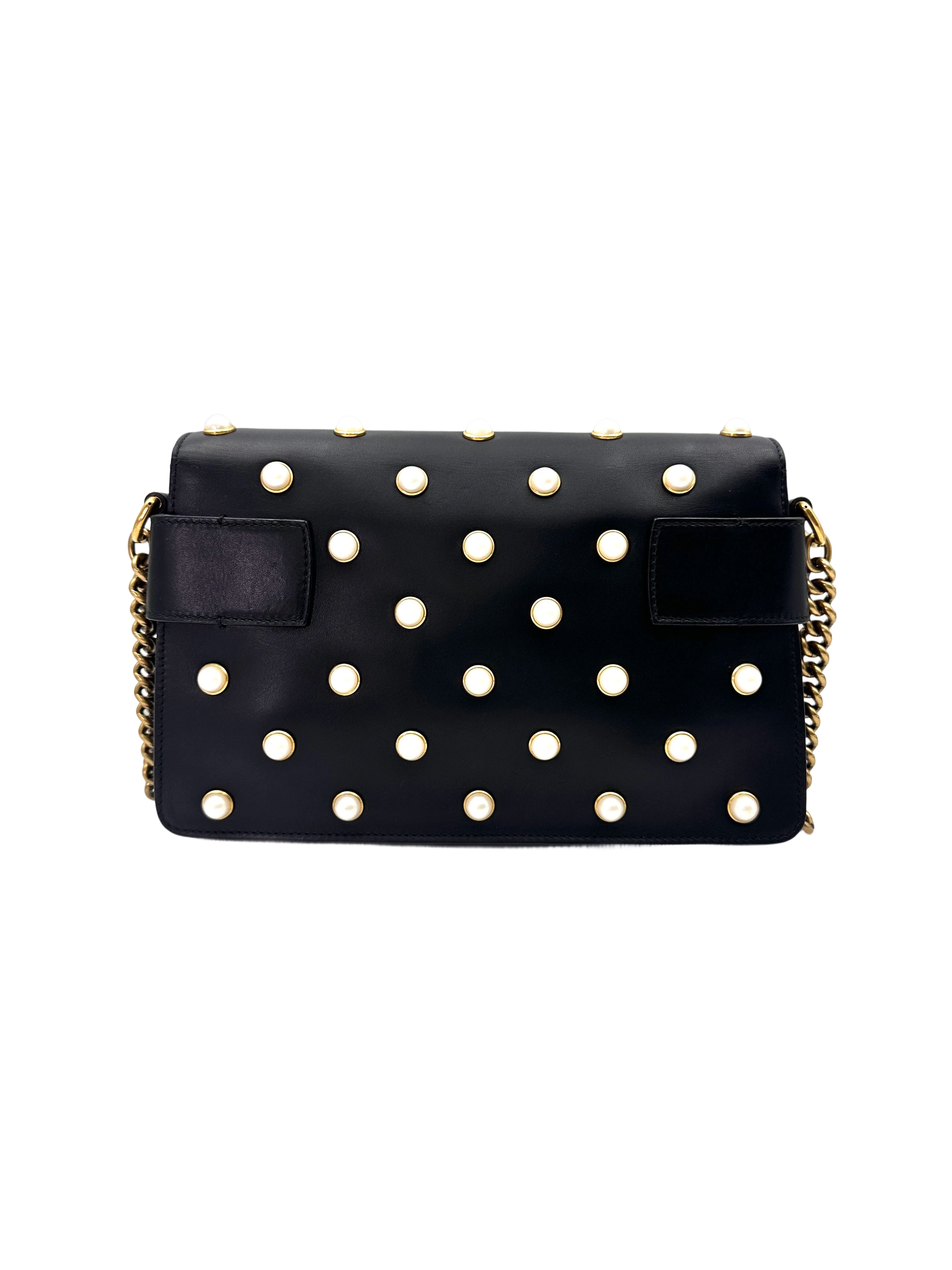Gucci Broadway Black Pearl Studded Leather Shoulder Bag With Tiger Head Buckle GG881
