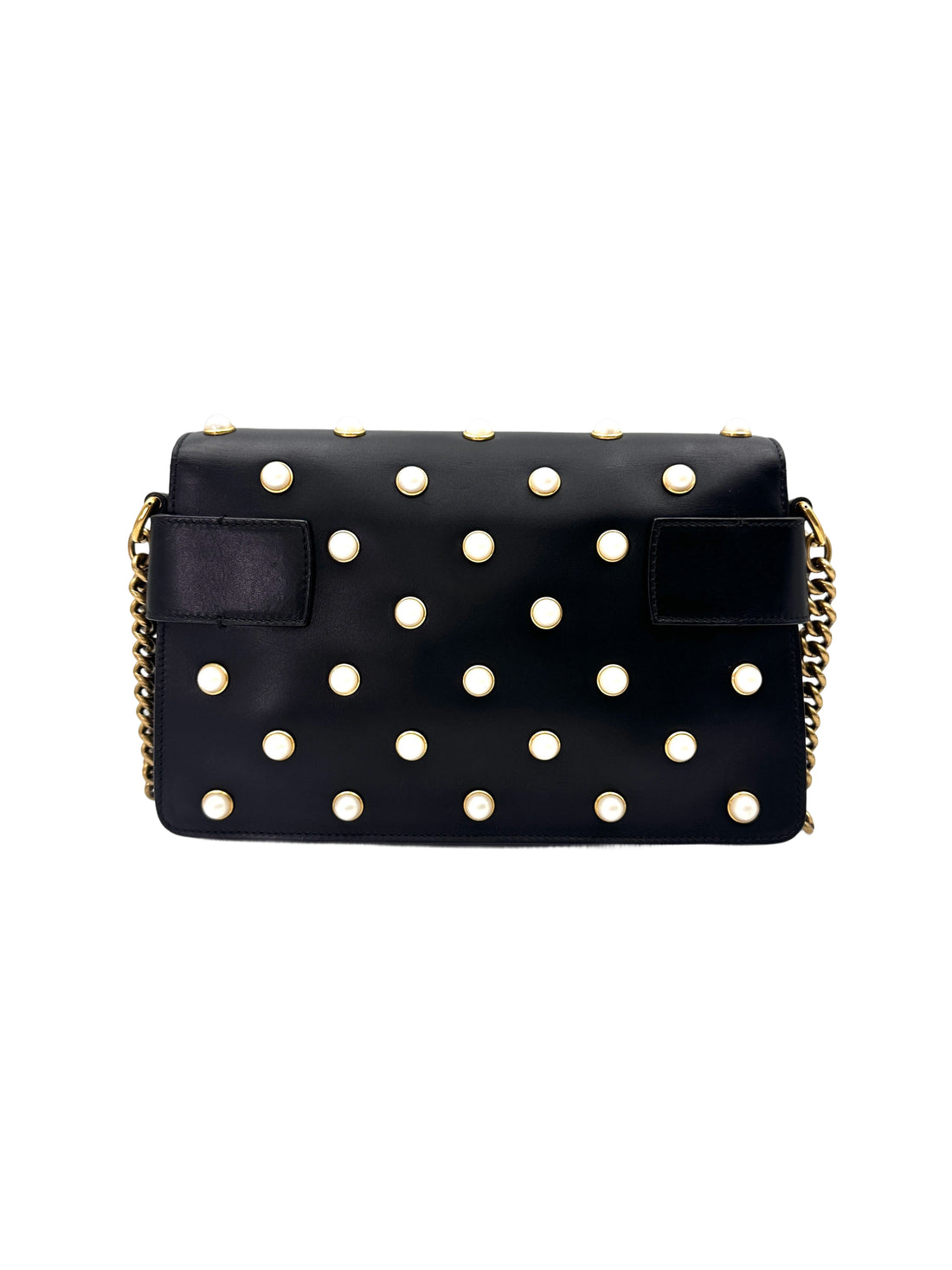 Gucci Broadway Black Pearl Studded Leather Shoulder Bag With Tiger Head Buckle GG881