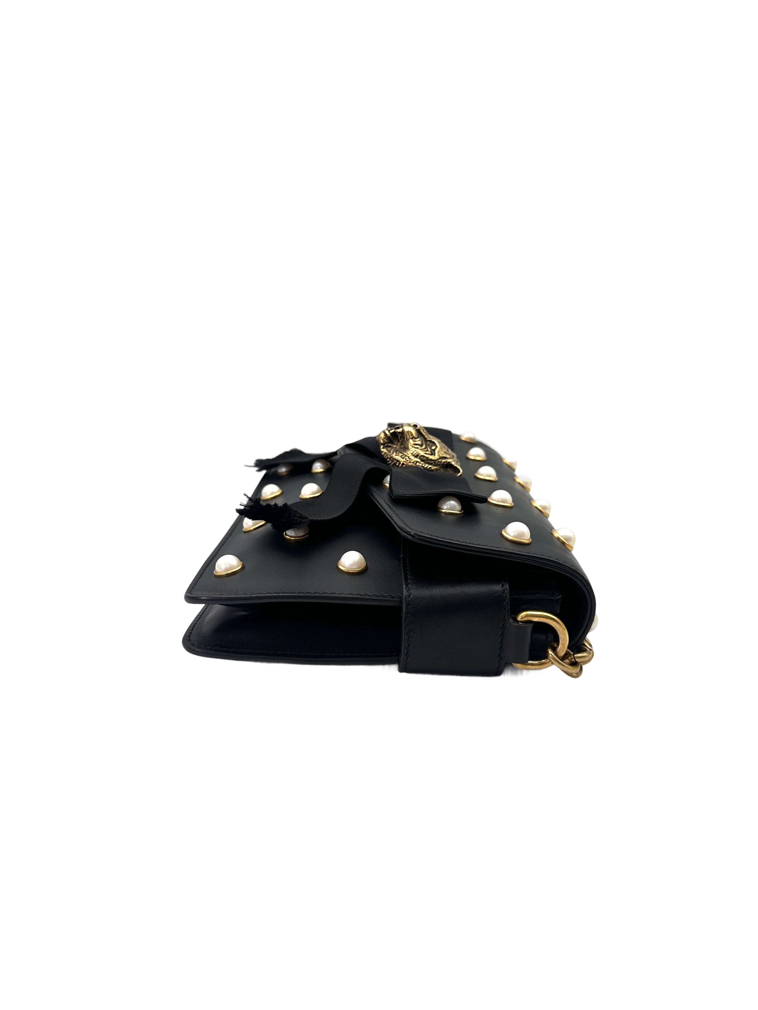 Gucci Broadway Black Pearl Studded Leather Shoulder Bag With Tiger Head Buckle GG881