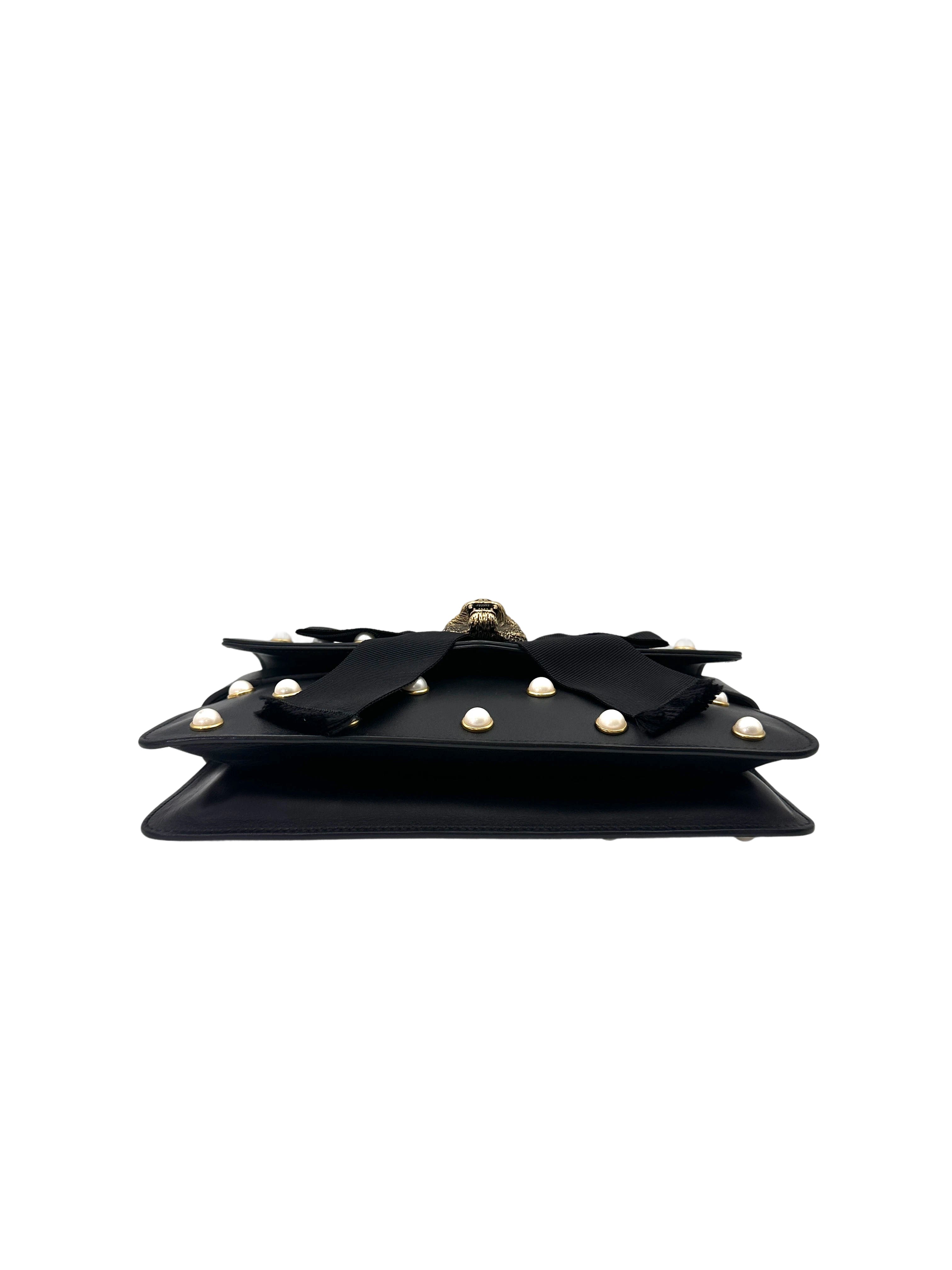 Gucci Broadway Black Pearl Studded Leather Shoulder Bag With Tiger Head Buckle GG881
