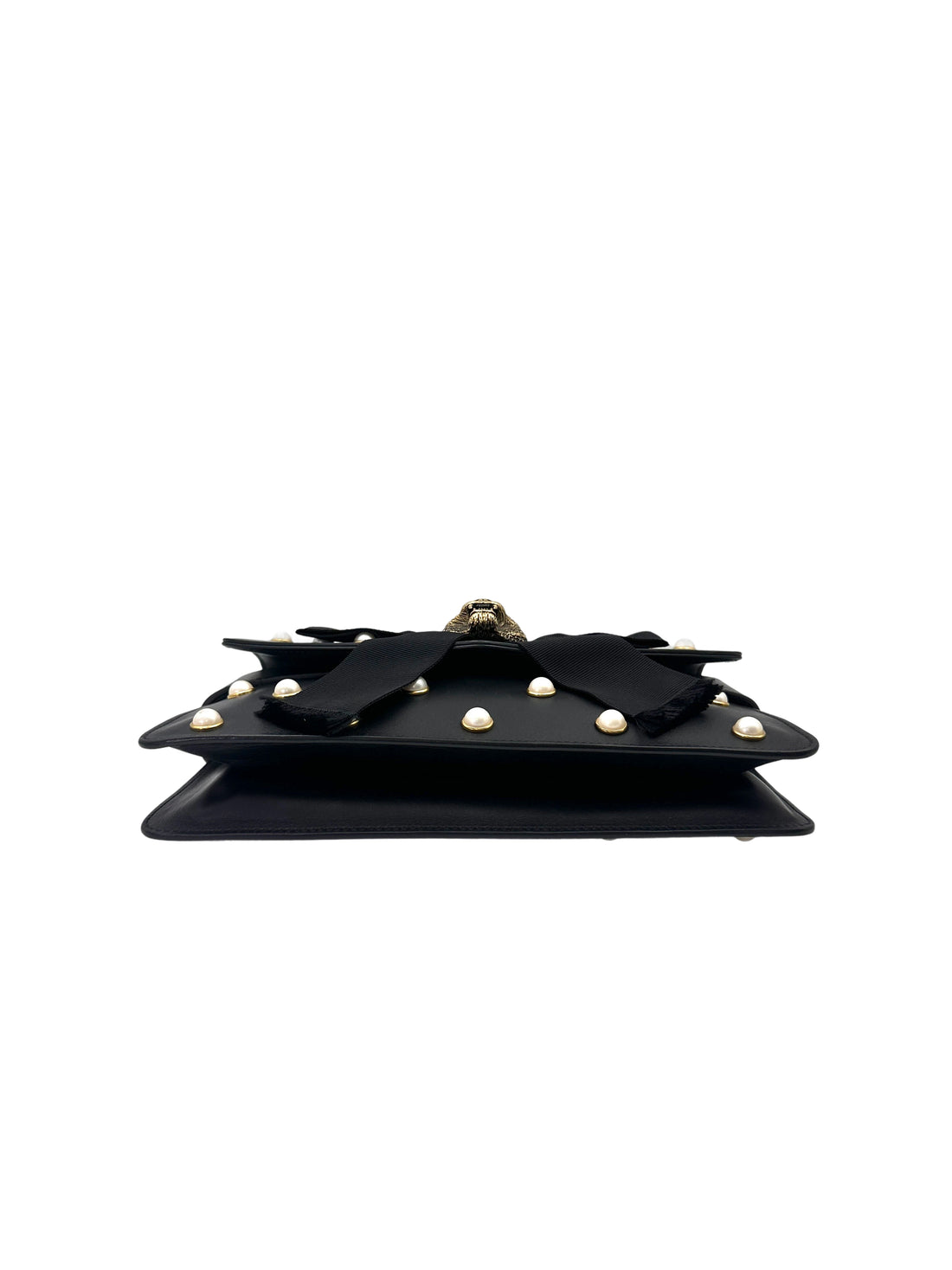 Gucci Broadway Black Pearl Studded Leather Shoulder Bag With Tiger Head Buckle GG881