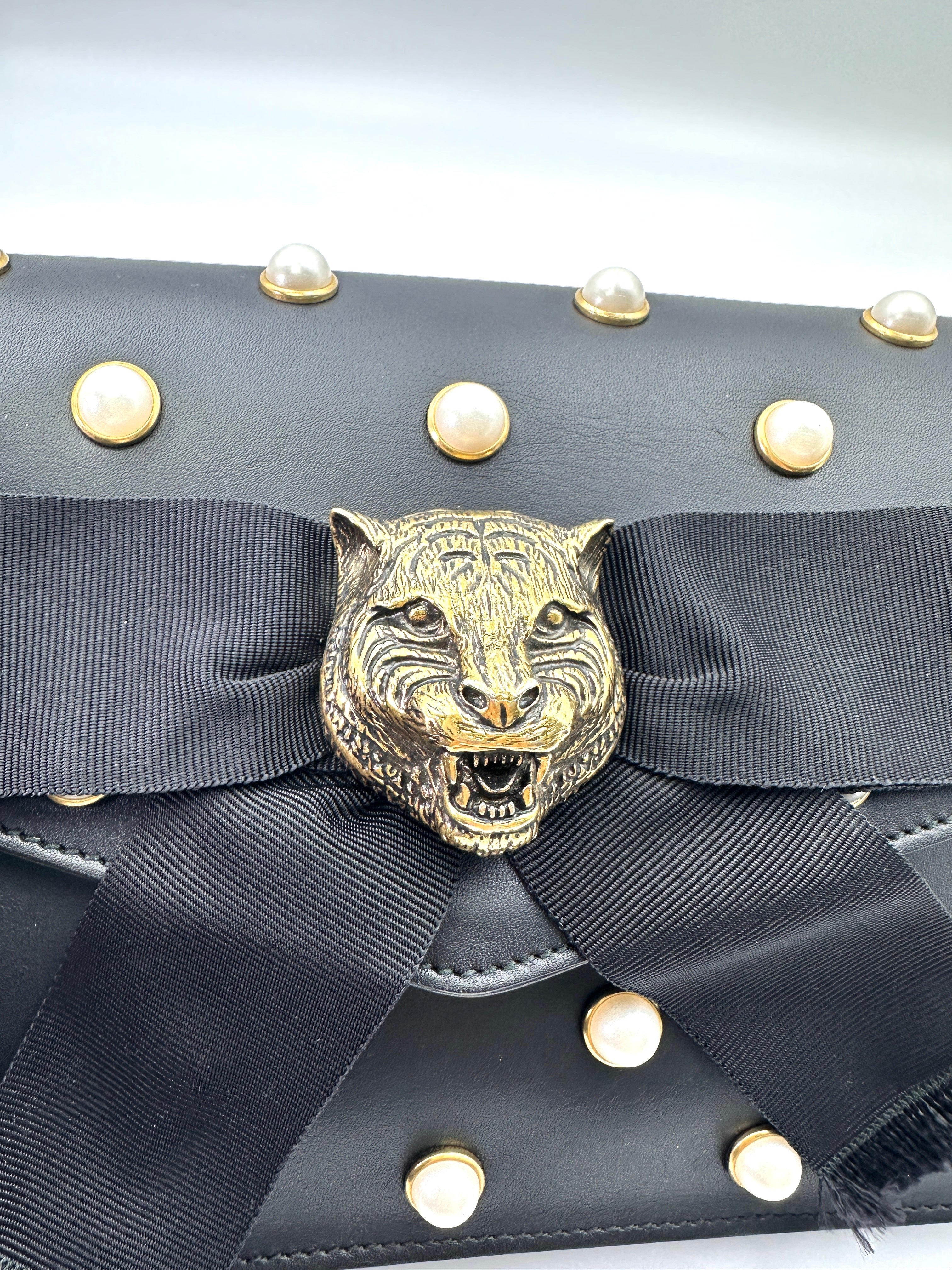 Gucci Broadway Black Pearl Studded Leather Shoulder Bag With Tiger Head Buckle GG881