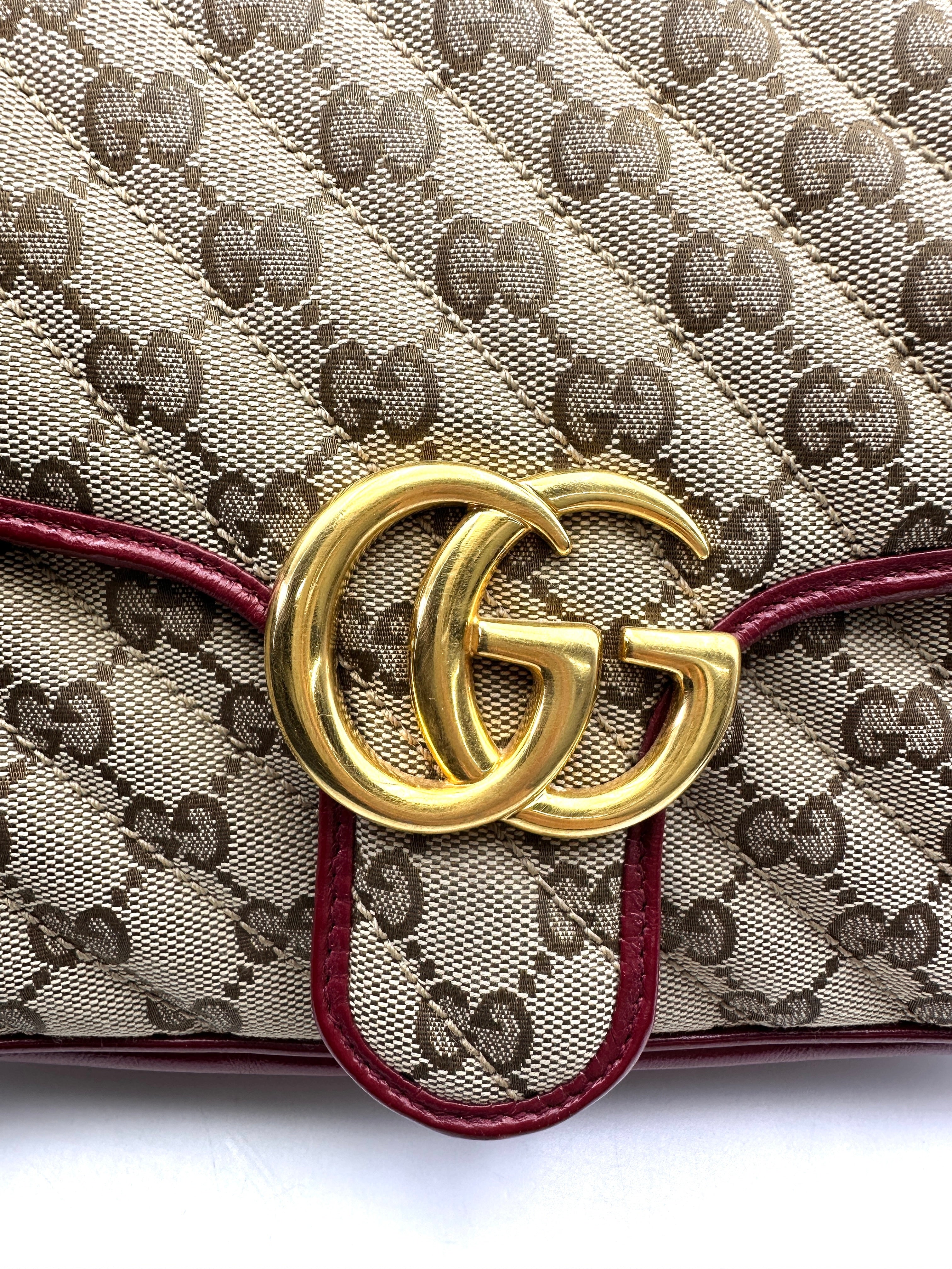 Gucci GG Marmont Beige Canvas Shoulder Bag With Red Trim GG887