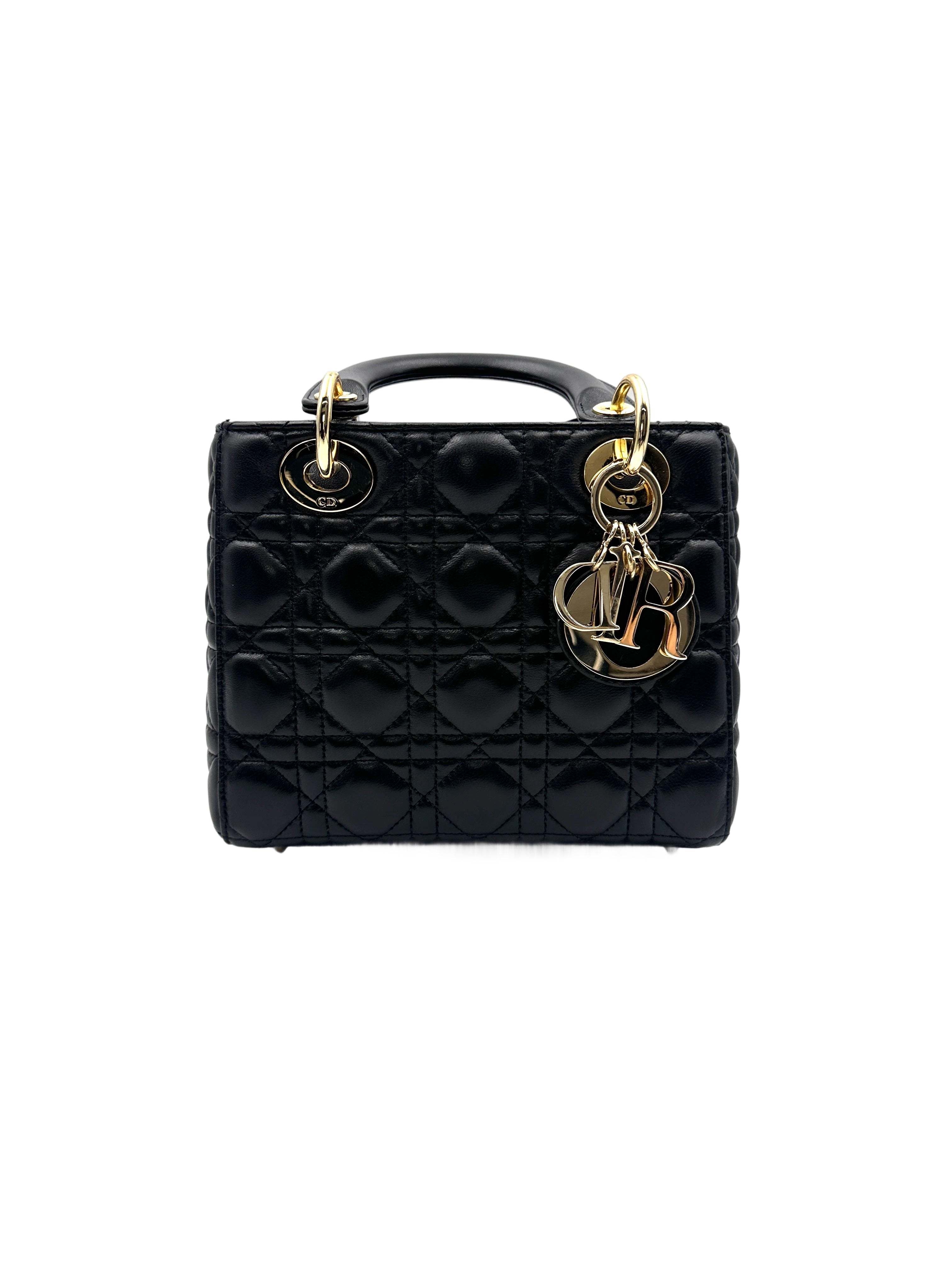Christian Dior Lady Dior Black Cannage Leather Handle Bag With Gold Charms DR696