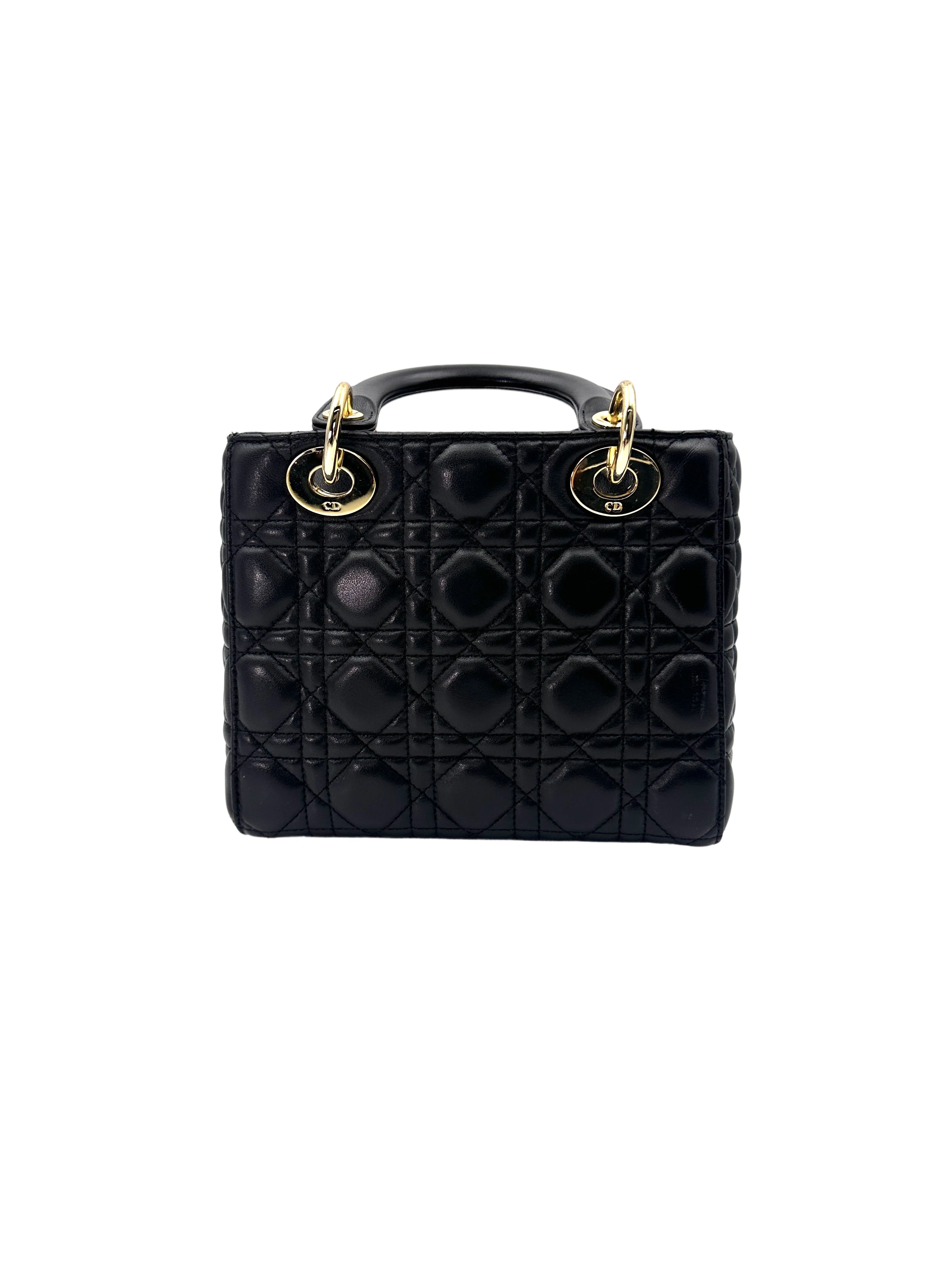 Christian Dior Lady Dior Black Cannage Leather Handle Bag With Gold Charms DR696