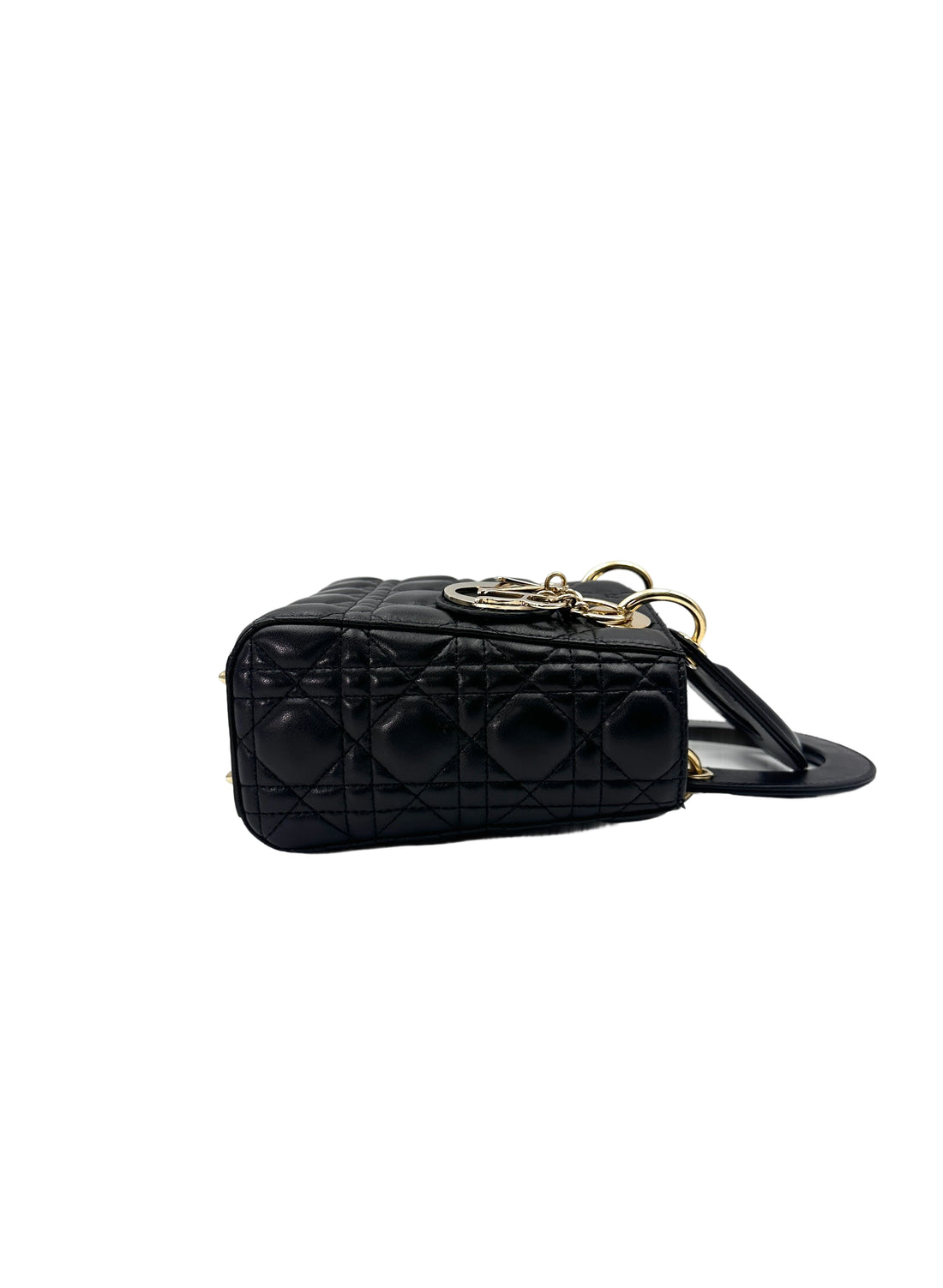 Christian Dior Lady Dior Black Cannage Leather Handle Bag With Gold Charms DR696