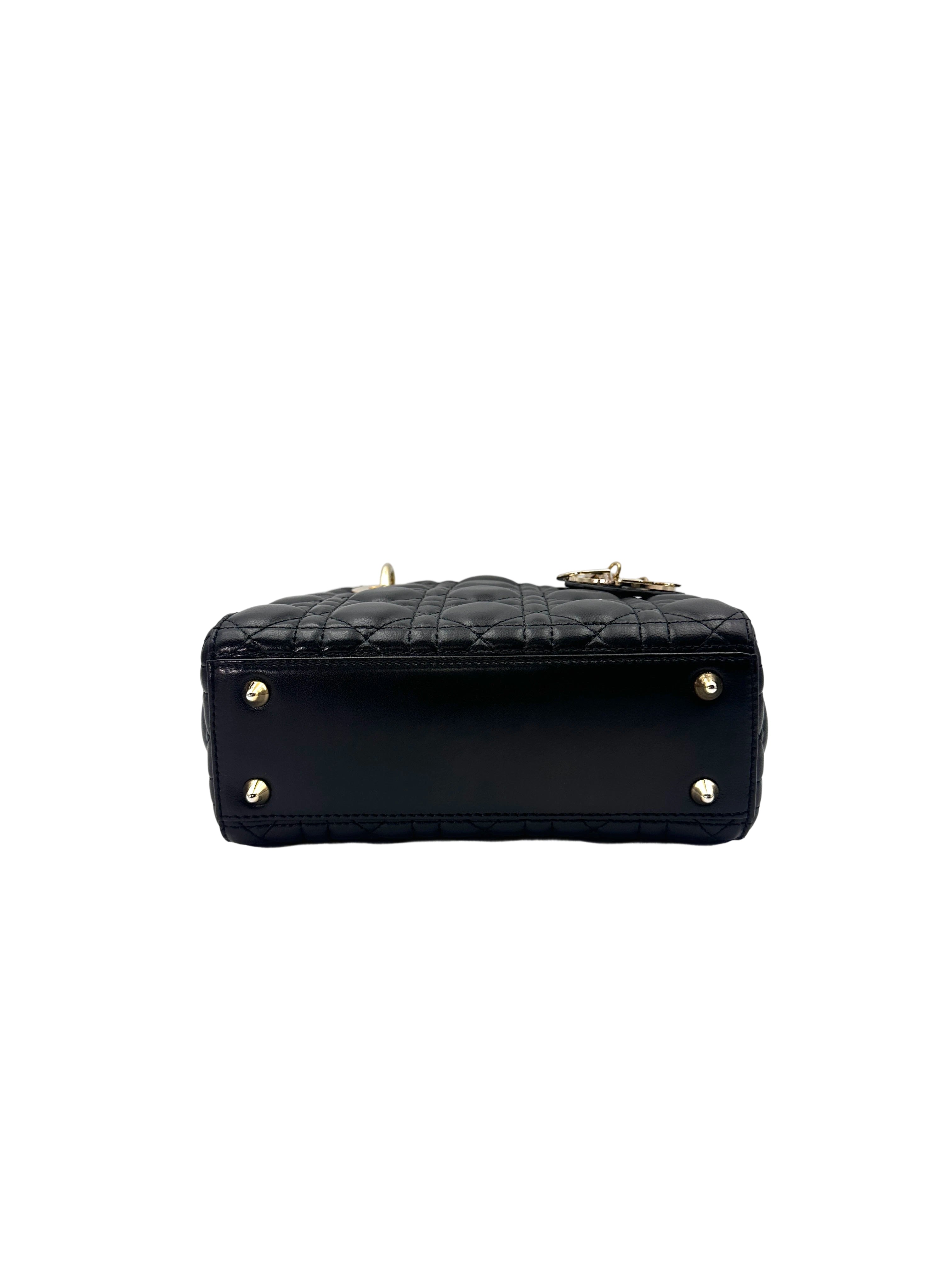 Christian Dior Lady Dior Black Cannage Leather Handle Bag With Gold Charms DR696