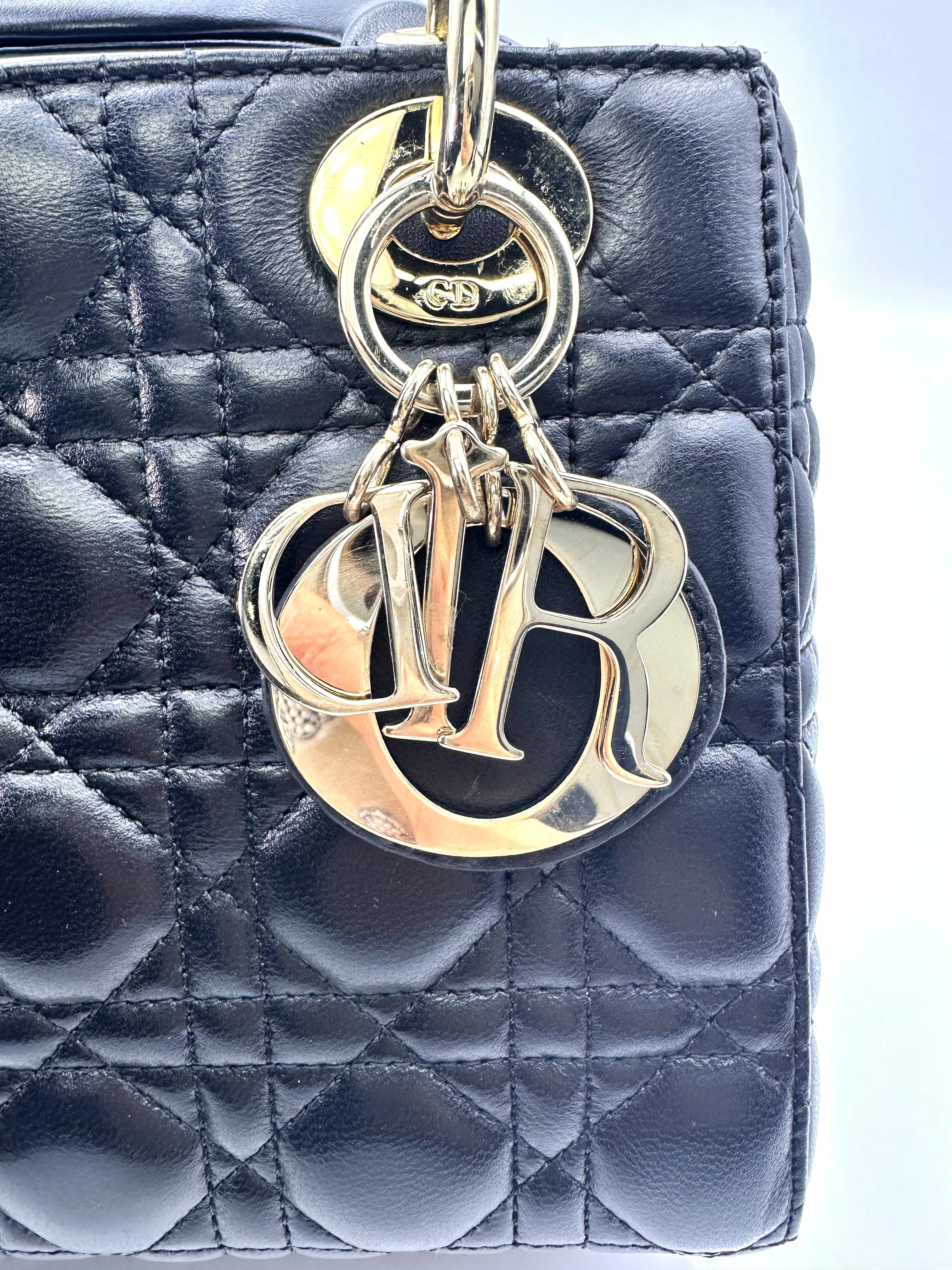 Christian Dior Lady Dior Black Cannage Leather Handle Bag With Gold Charms DR696