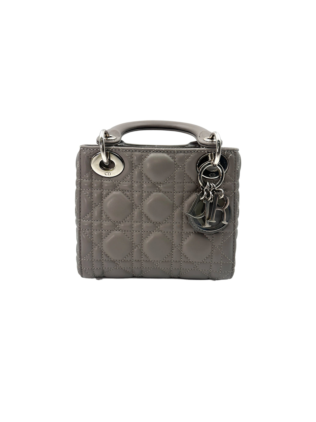 Christian Dior Lady Dior Grey Cannage Leather Handle Bag With Silver Charms DR698