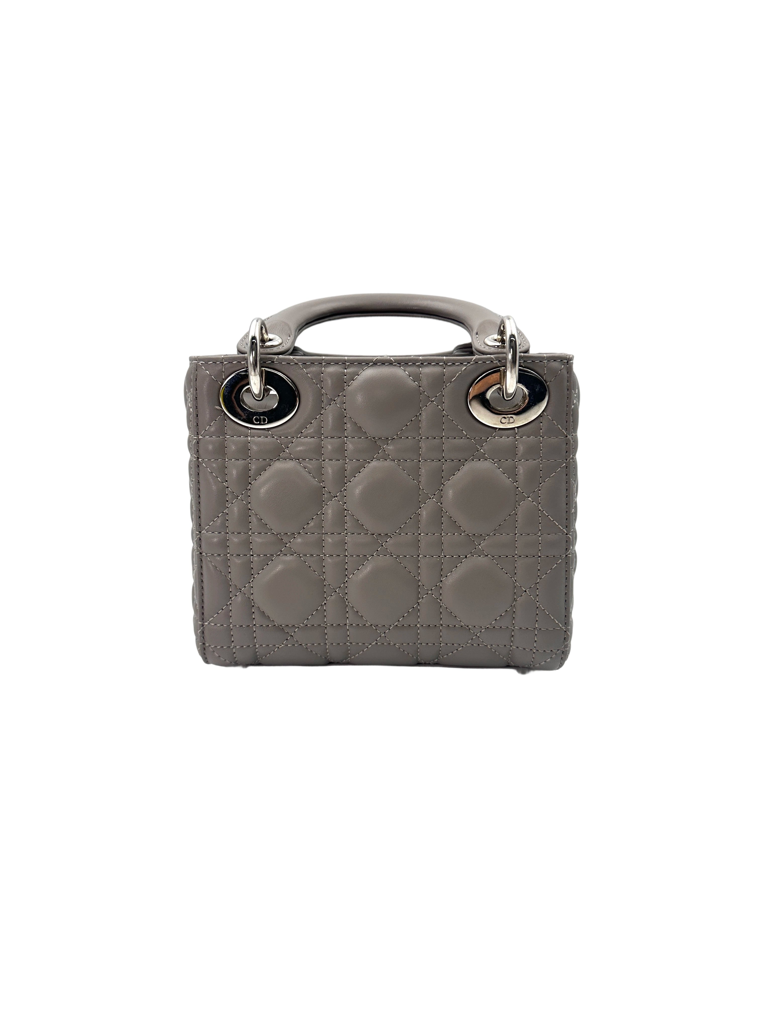 Christian Dior Lady Dior Grey Cannage Leather Handle Bag With Silver Charms DR698