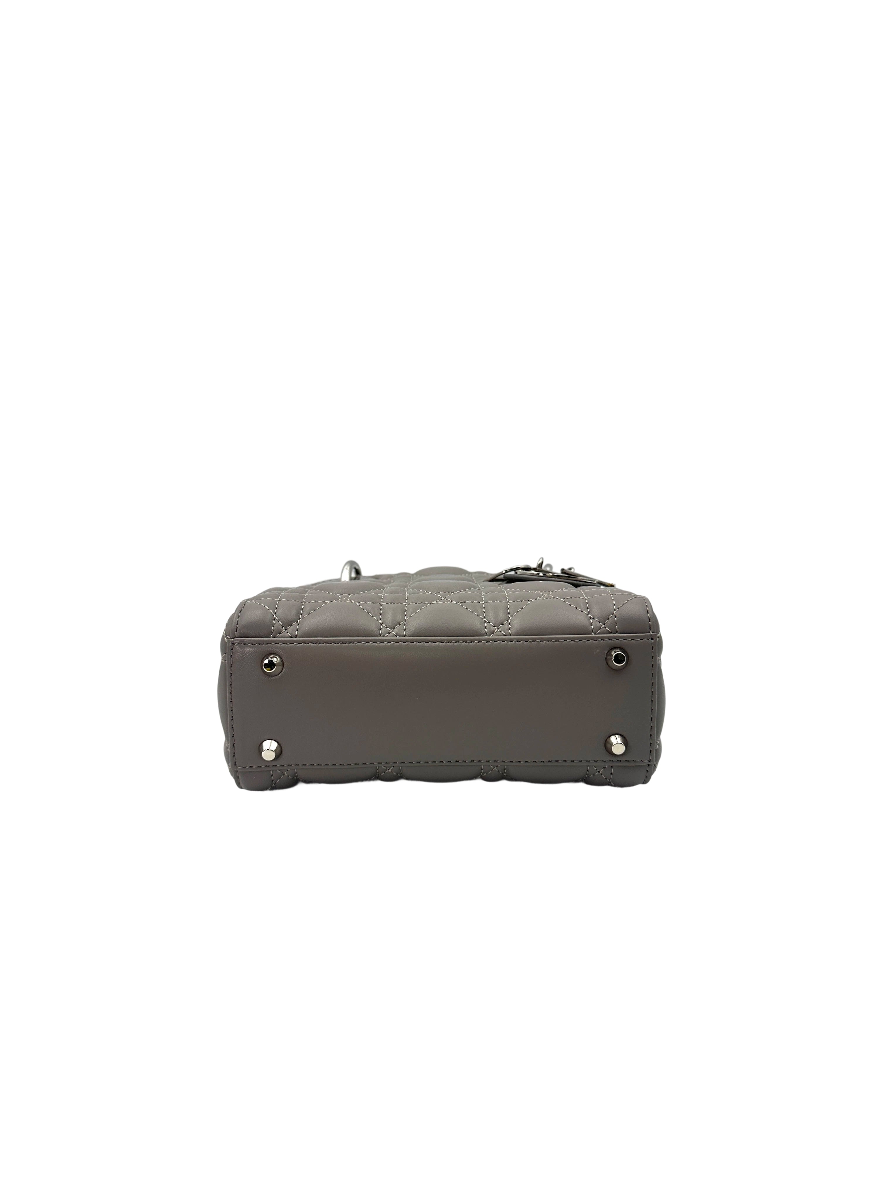 Christian Dior Lady Dior Grey Cannage Leather Handle Bag With Silver Charms DR698