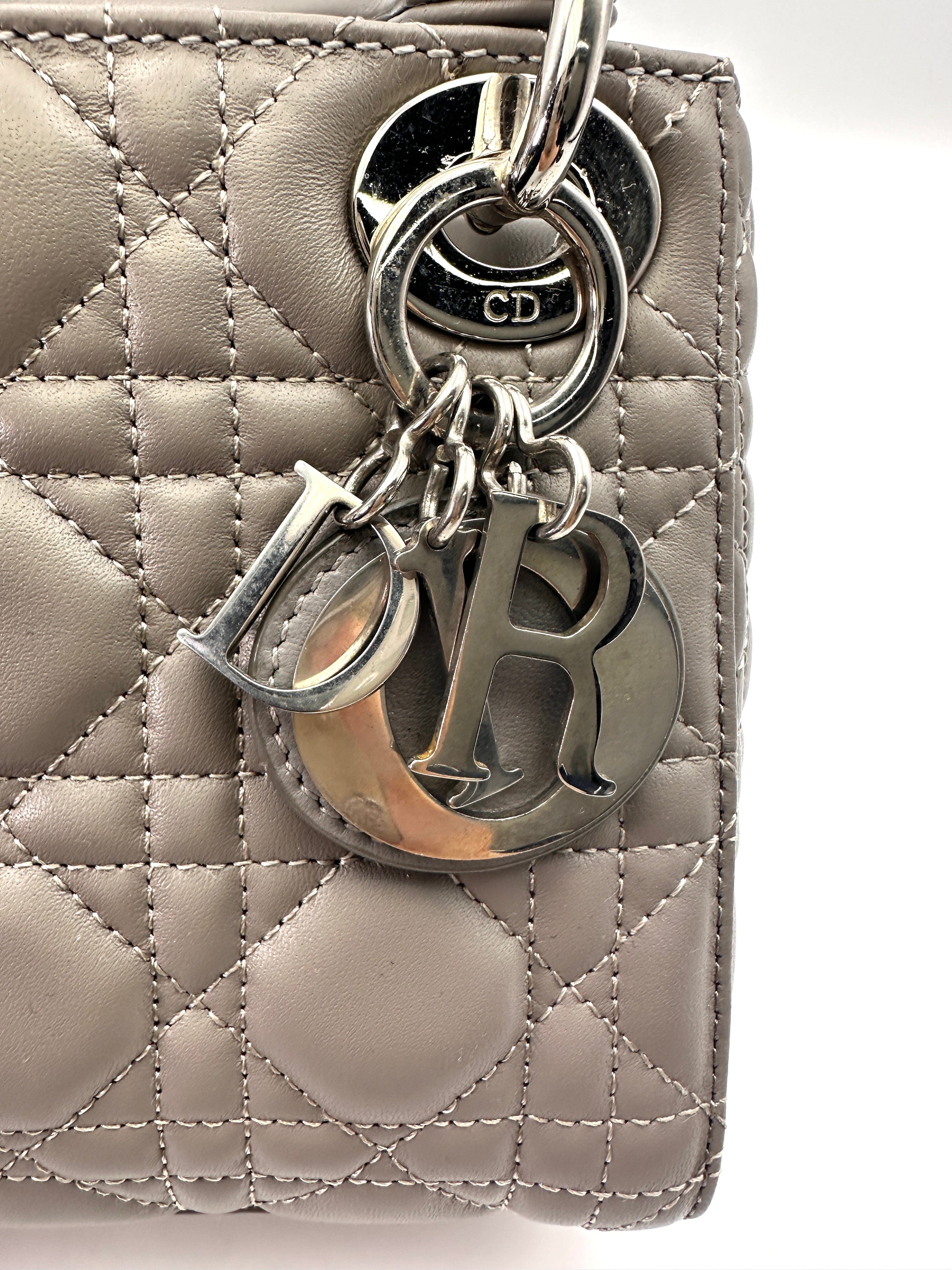 Christian Dior Lady Dior Grey Cannage Leather Handle Bag With Silver Charms DR698