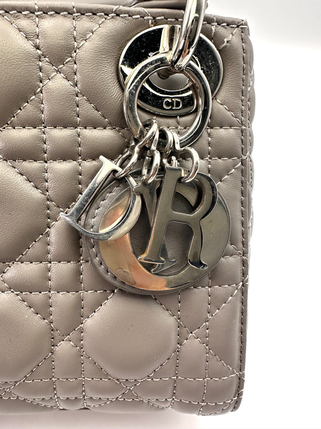 Christian Dior Lady Dior Grey Cannage Leather Handle Bag With Silver Charms DR698