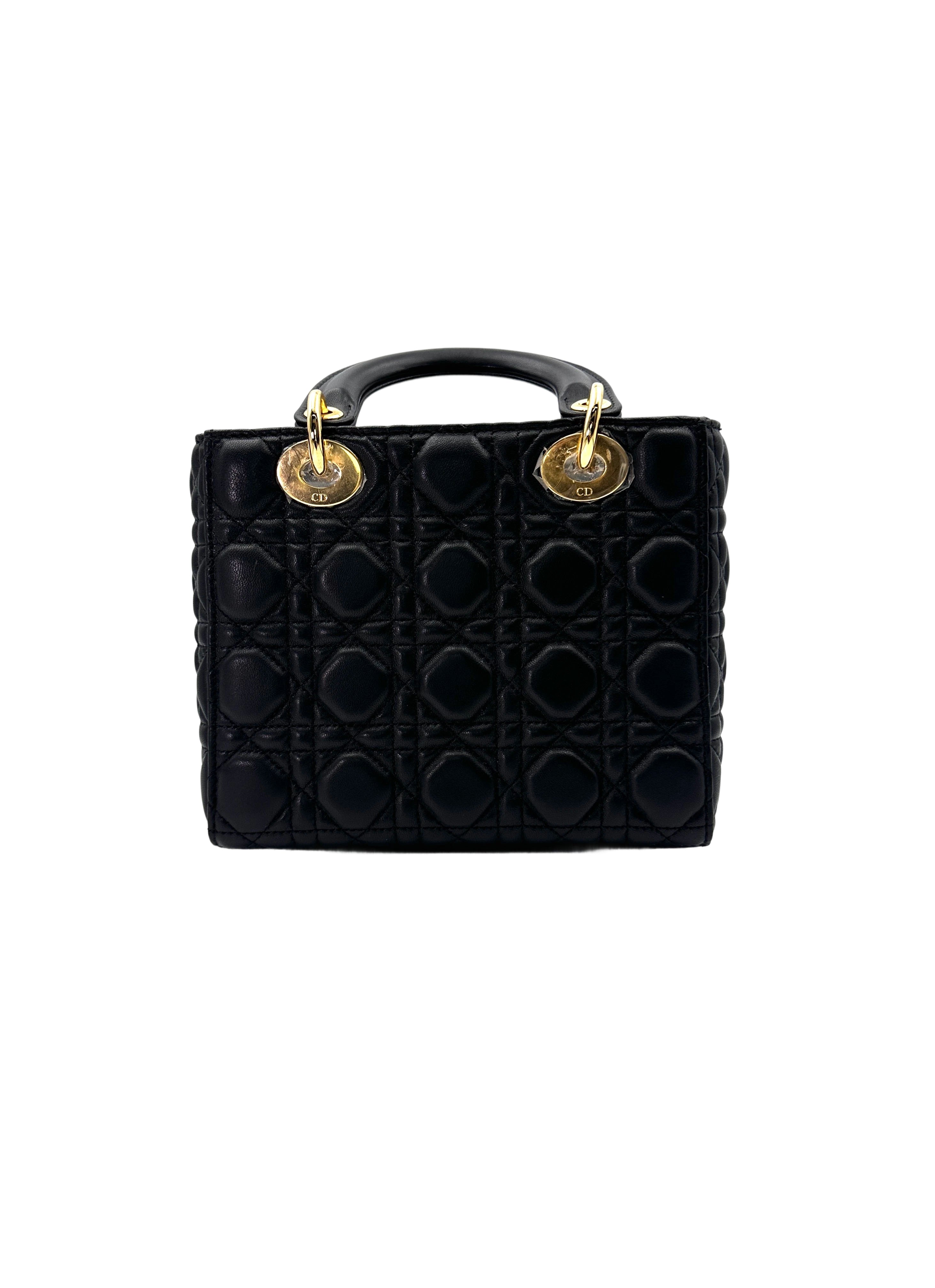 Christian Dior Lady Dior Black Cannage Leather Handle Bag With Gold Charms DR692