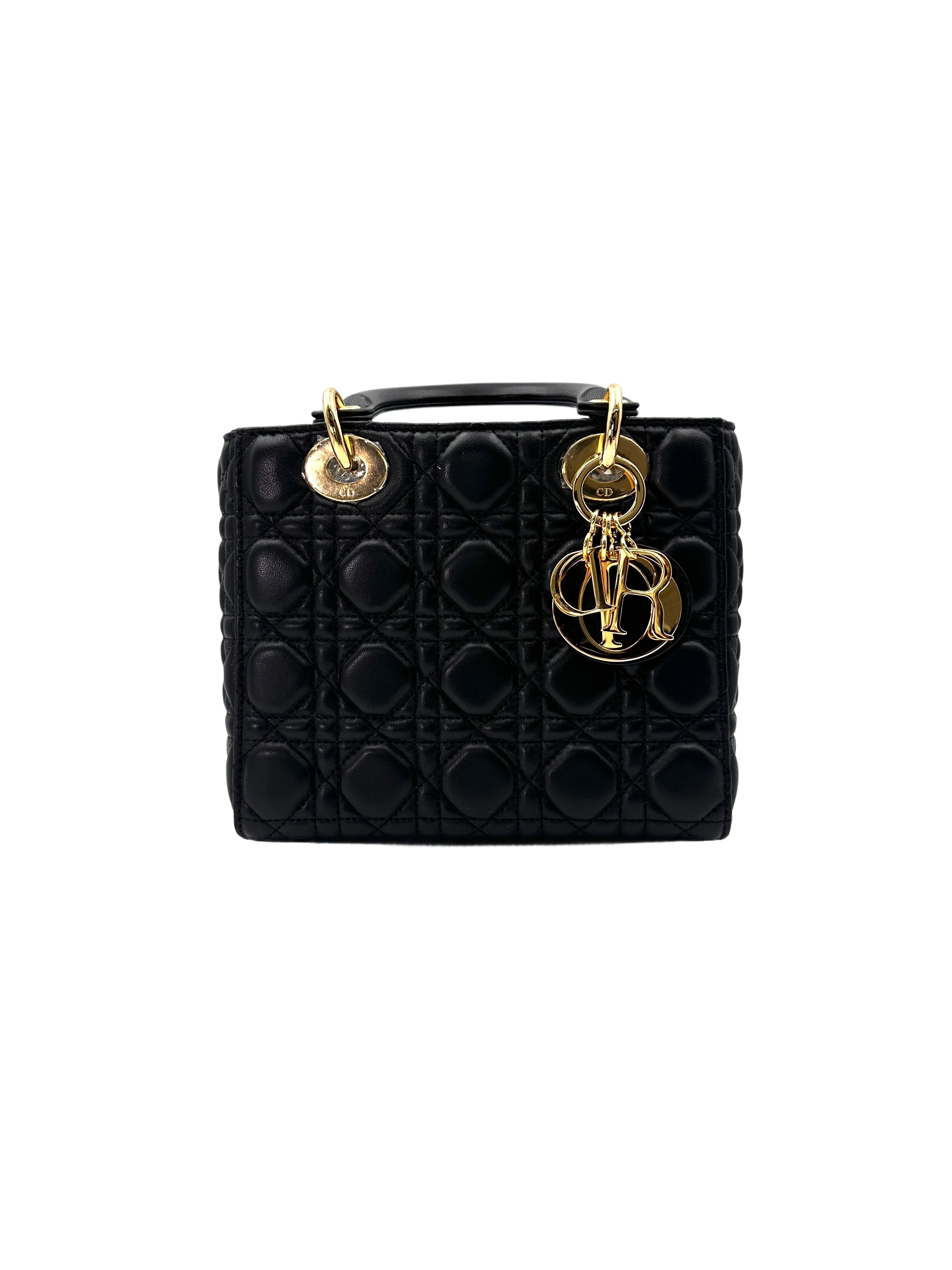 Christian Dior Lady Dior Black Cannage Leather Handle Bag With Gold Charms DR692