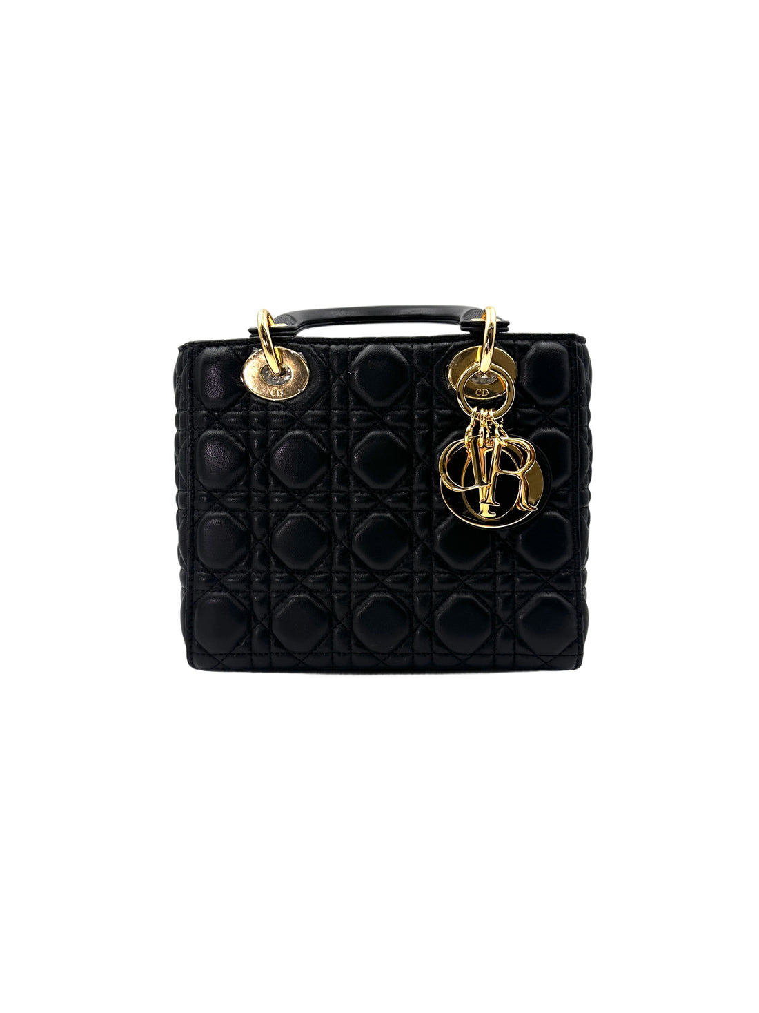 Christian Dior Lady Dior Black Cannage Leather Handle Bag With Gold Charms DR692