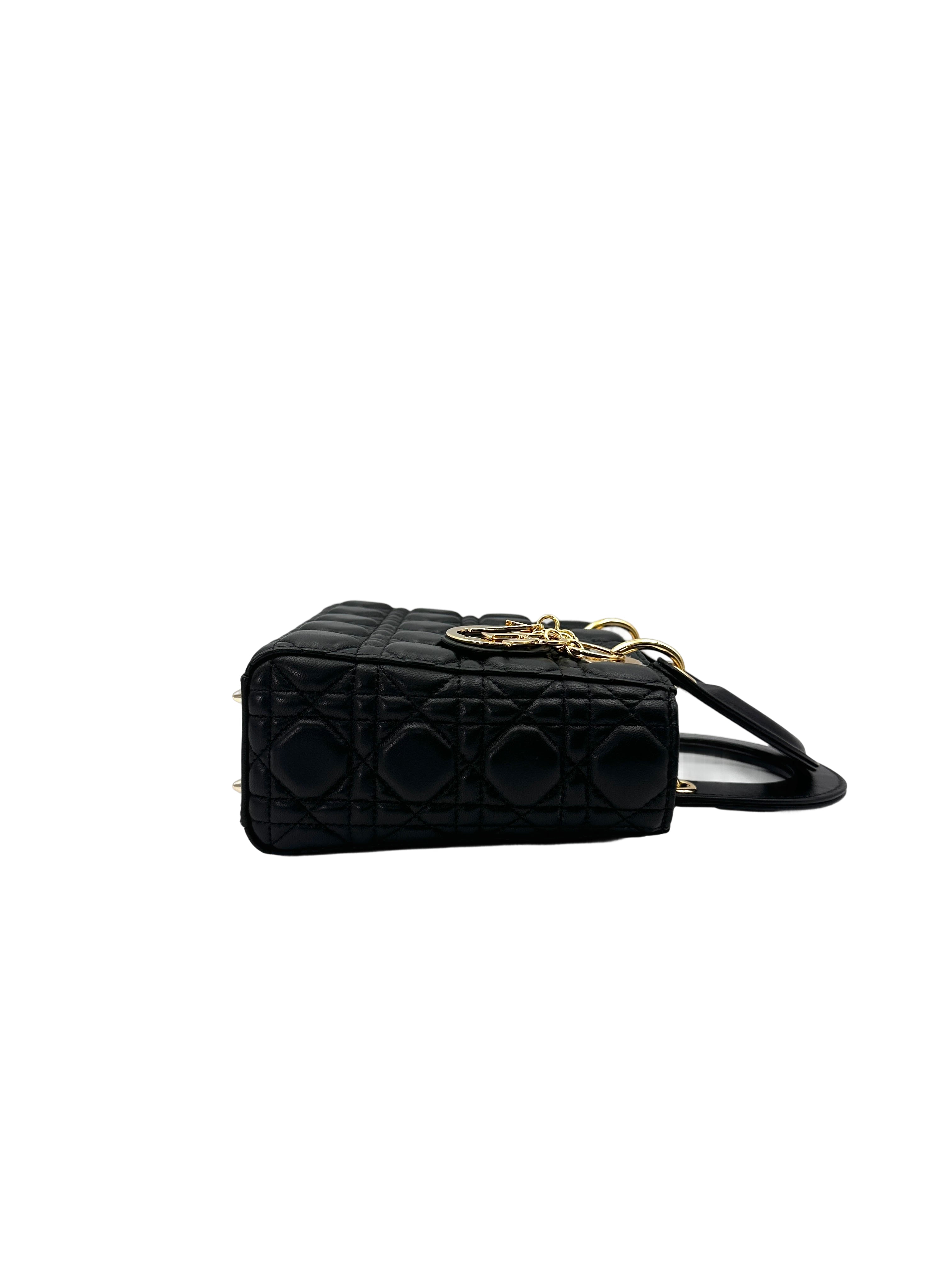 Christian Dior Lady Dior Black Cannage Leather Handle Bag With Gold Charms DR692