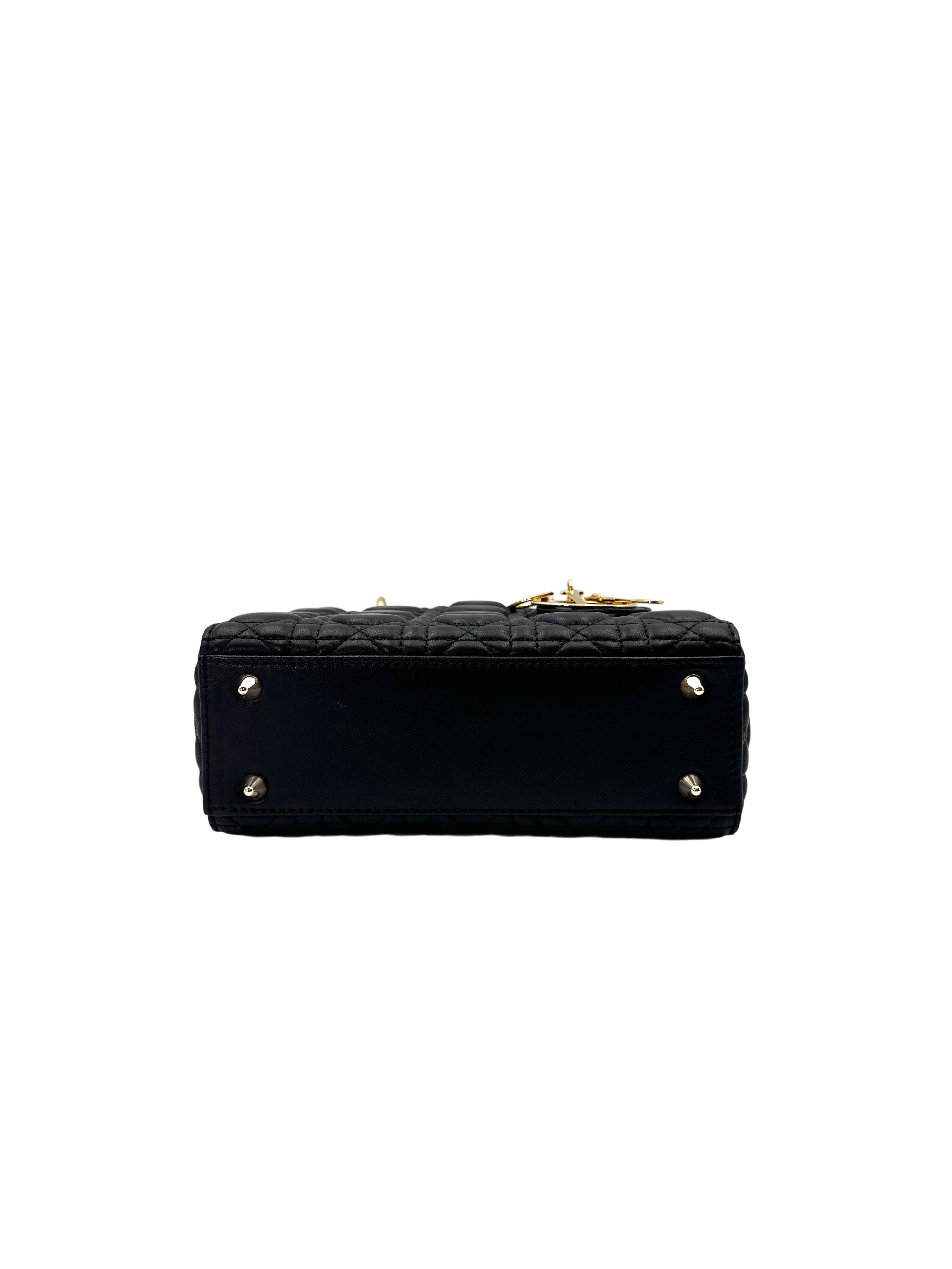 Christian Dior Lady Dior Black Cannage Leather Handle Bag With Gold Charms DR692