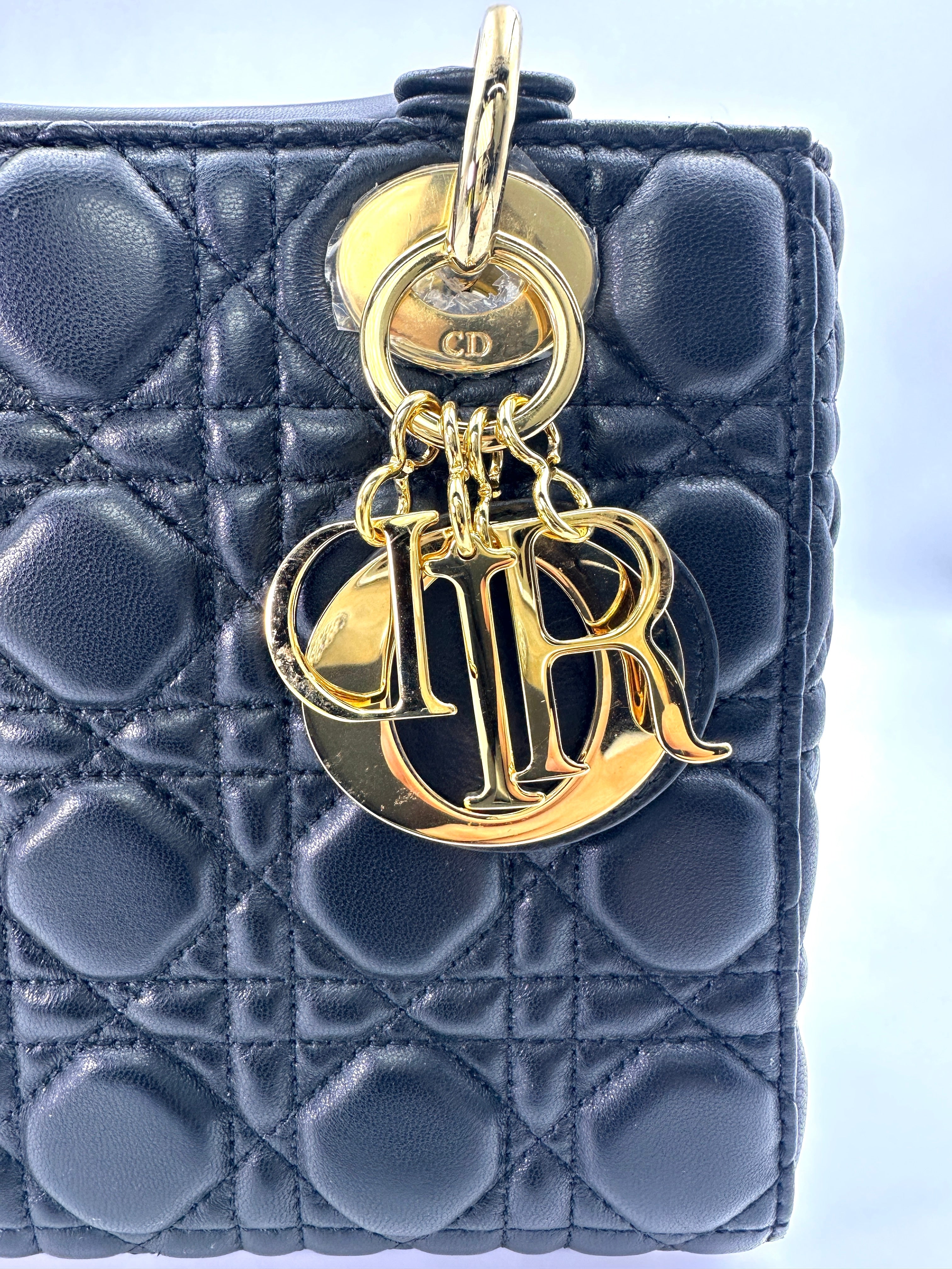 Christian Dior Lady Dior Black Cannage Leather Handle Bag With Gold Charms DR692