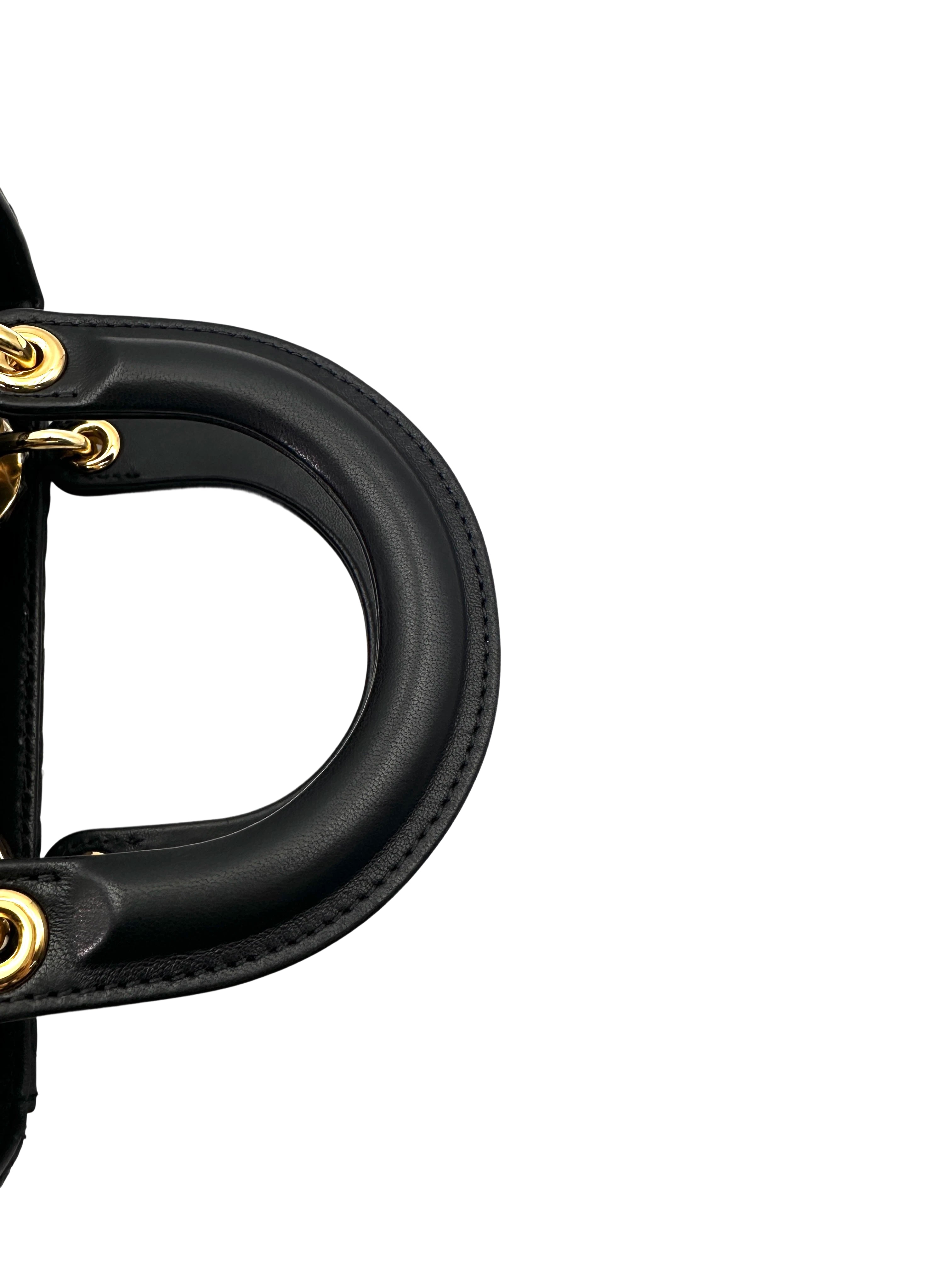 Christian Dior Lady Dior Black Cannage Leather Handle Bag With Gold Charms DR692