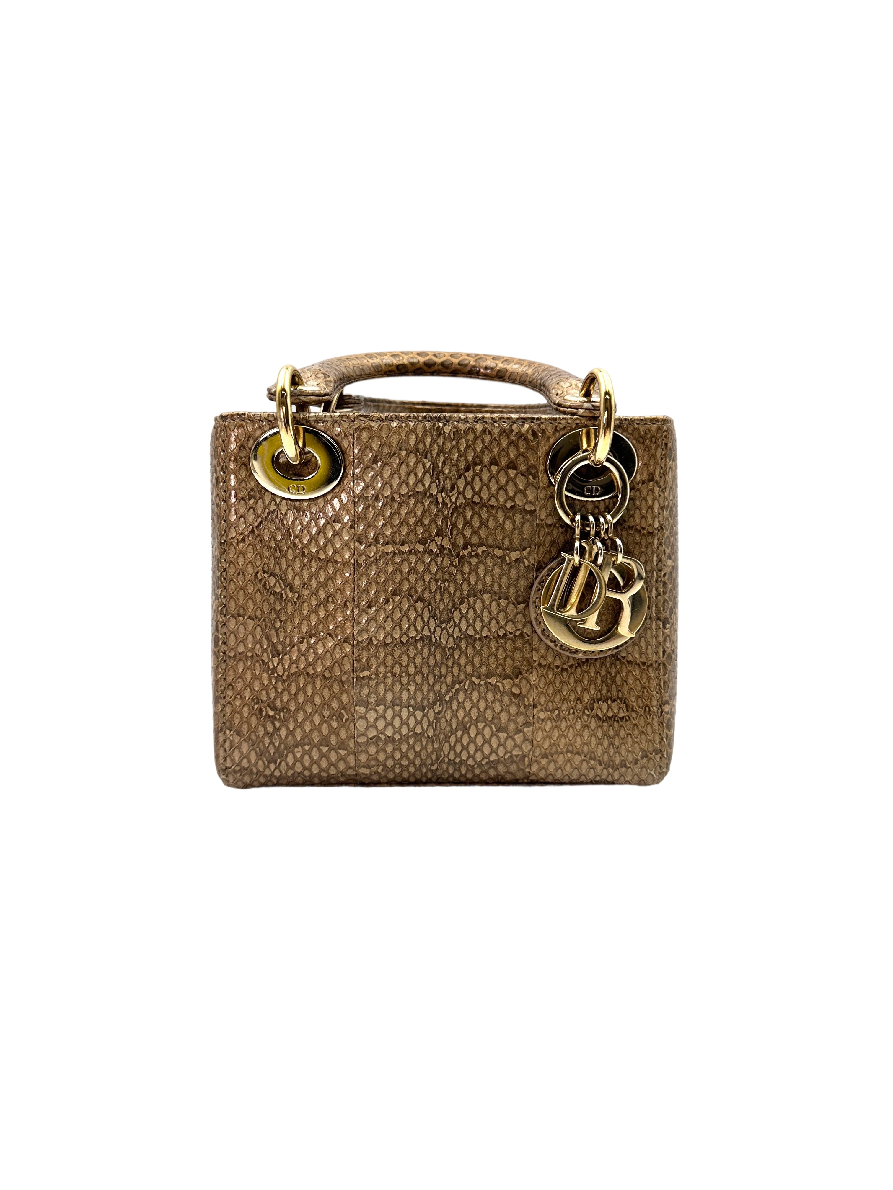 Christian Dior Lady Dior Metallic Gold Python Leather Handle Bag With Gold Charms DR691