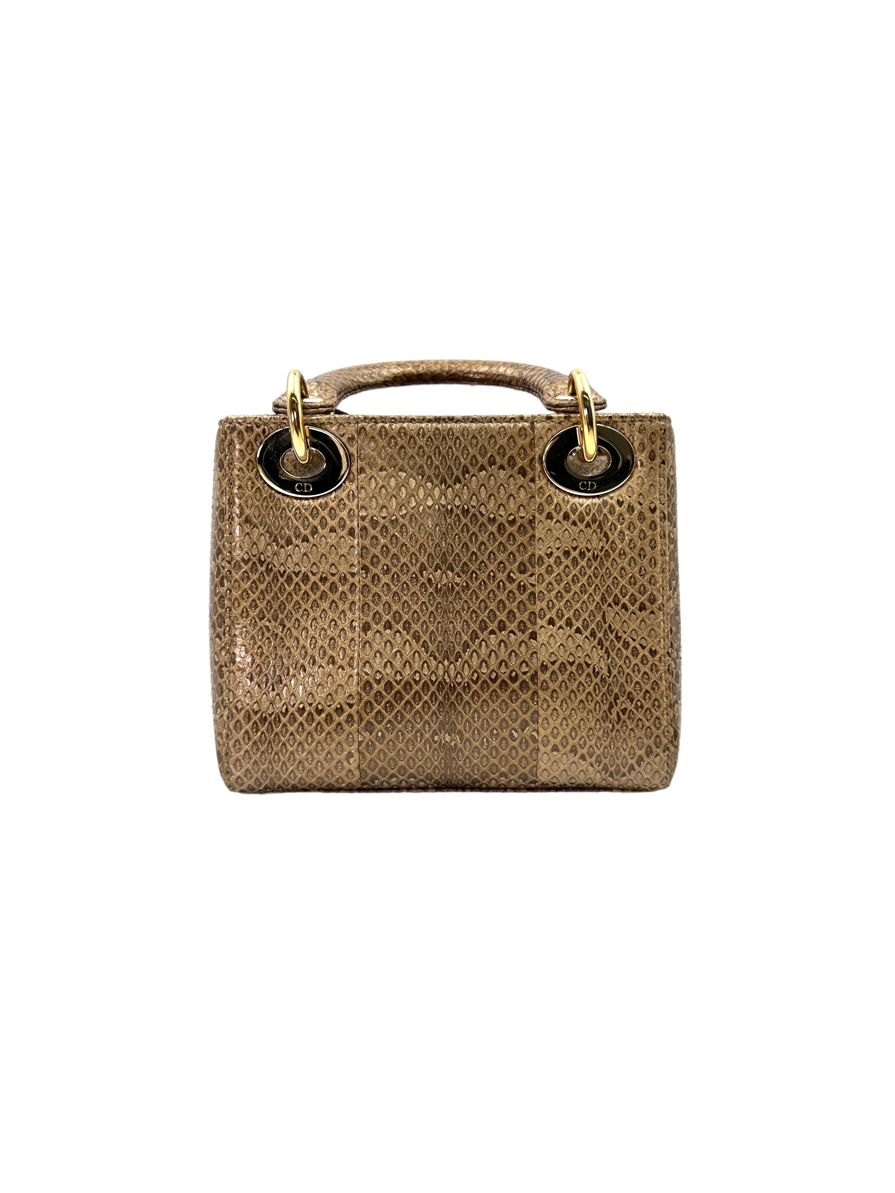 Christian Dior Lady Dior Metallic Gold Python Leather Handle Bag With Gold Charms DR691