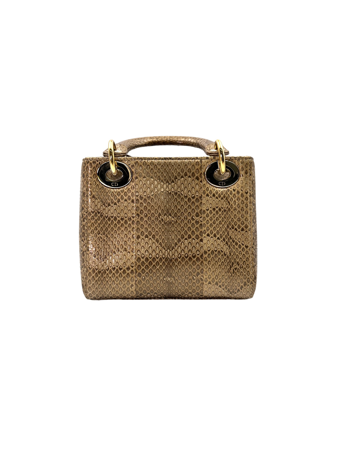 Christian Dior Lady Dior Metallic Gold Python Leather Handle Bag With Gold Charms DR691