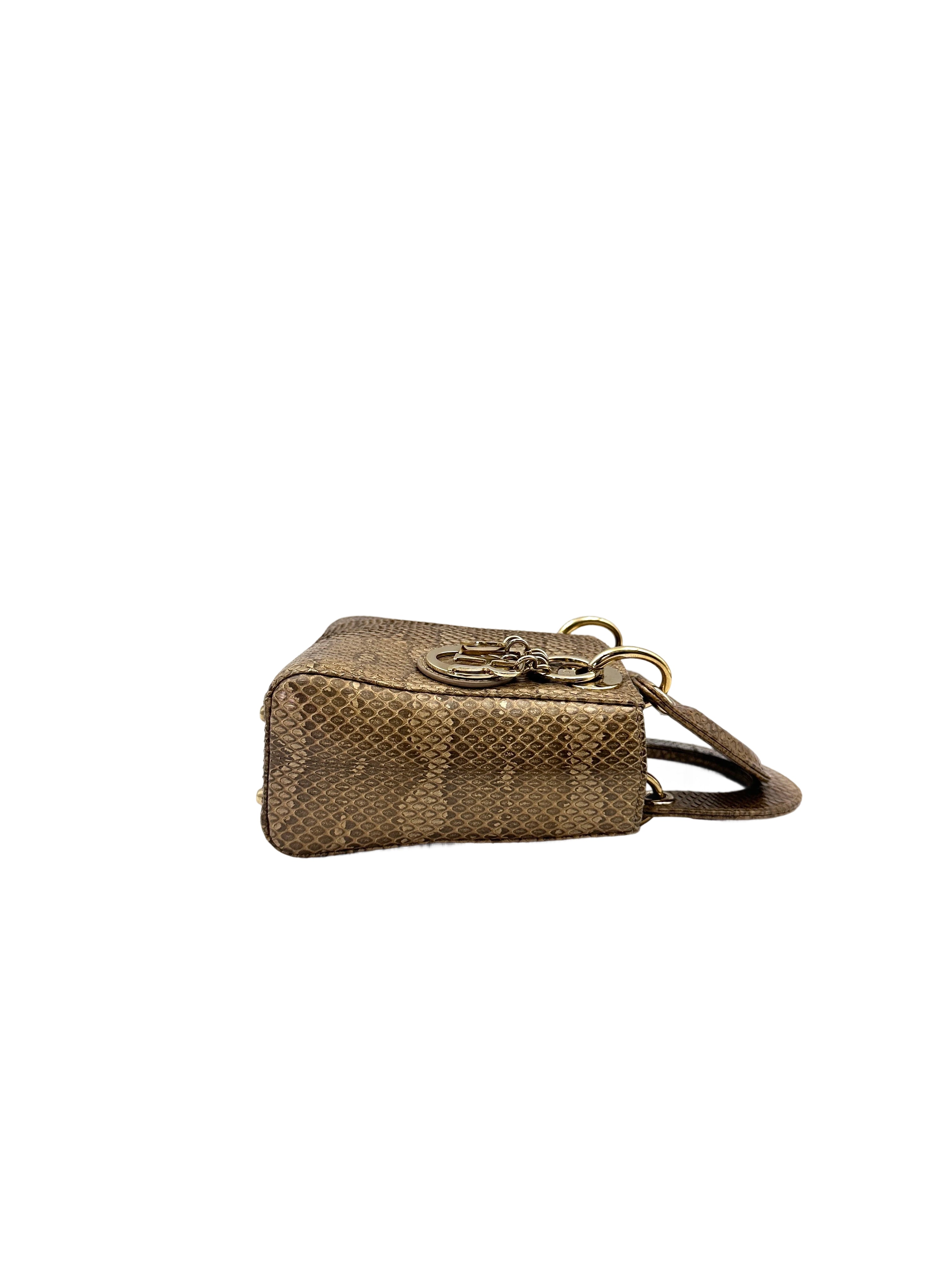 Christian Dior Lady Dior Metallic Gold Python Leather Handle Bag With Gold Charms DR691