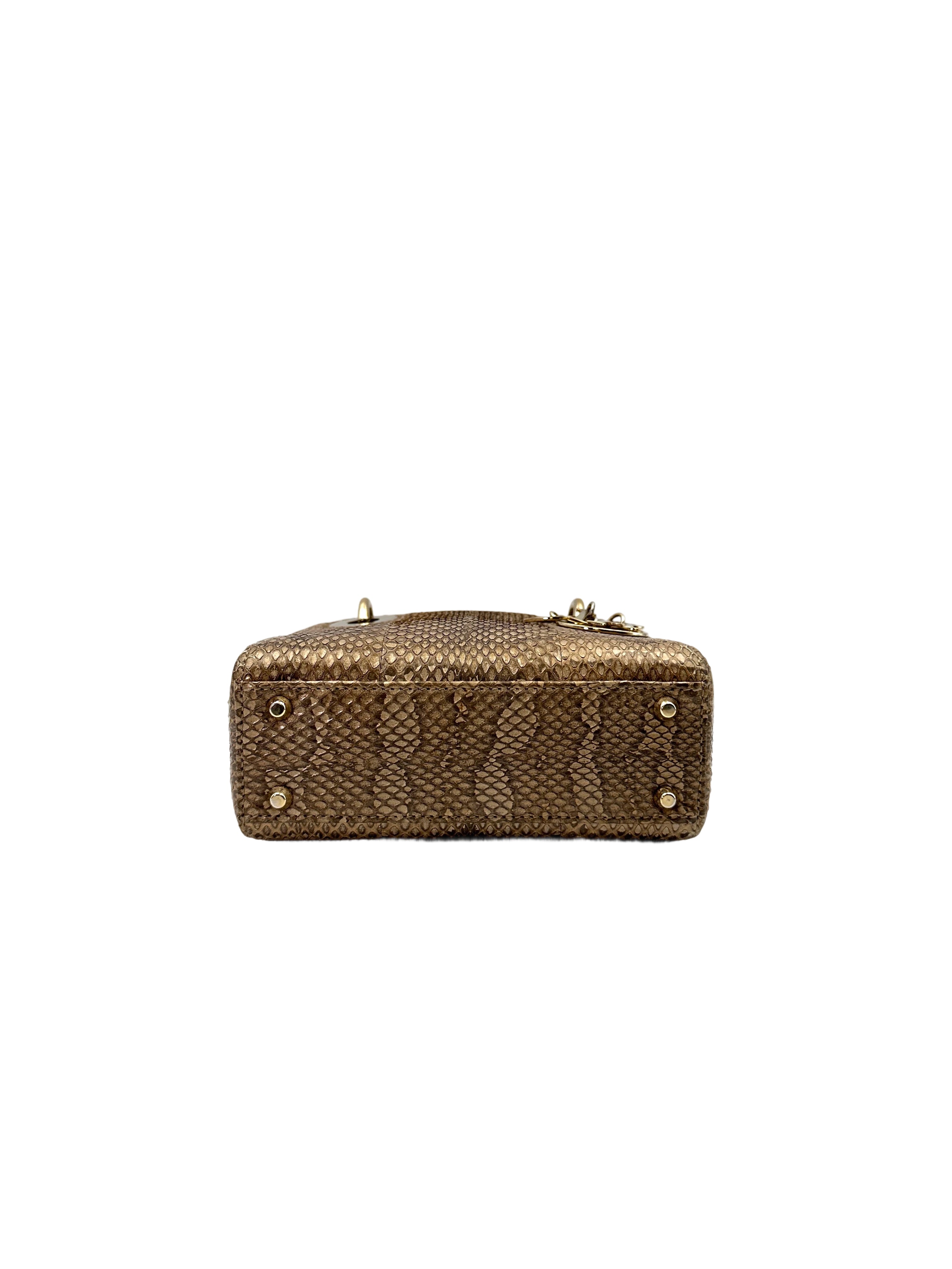 Christian Dior Lady Dior Metallic Gold Python Leather Handle Bag With Gold Charms DR691