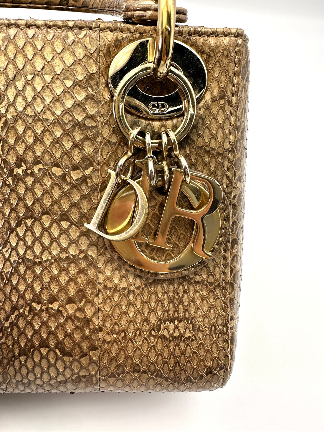Christian Dior Lady Dior Metallic Gold Python Leather Handle Bag With Gold Charms DR691