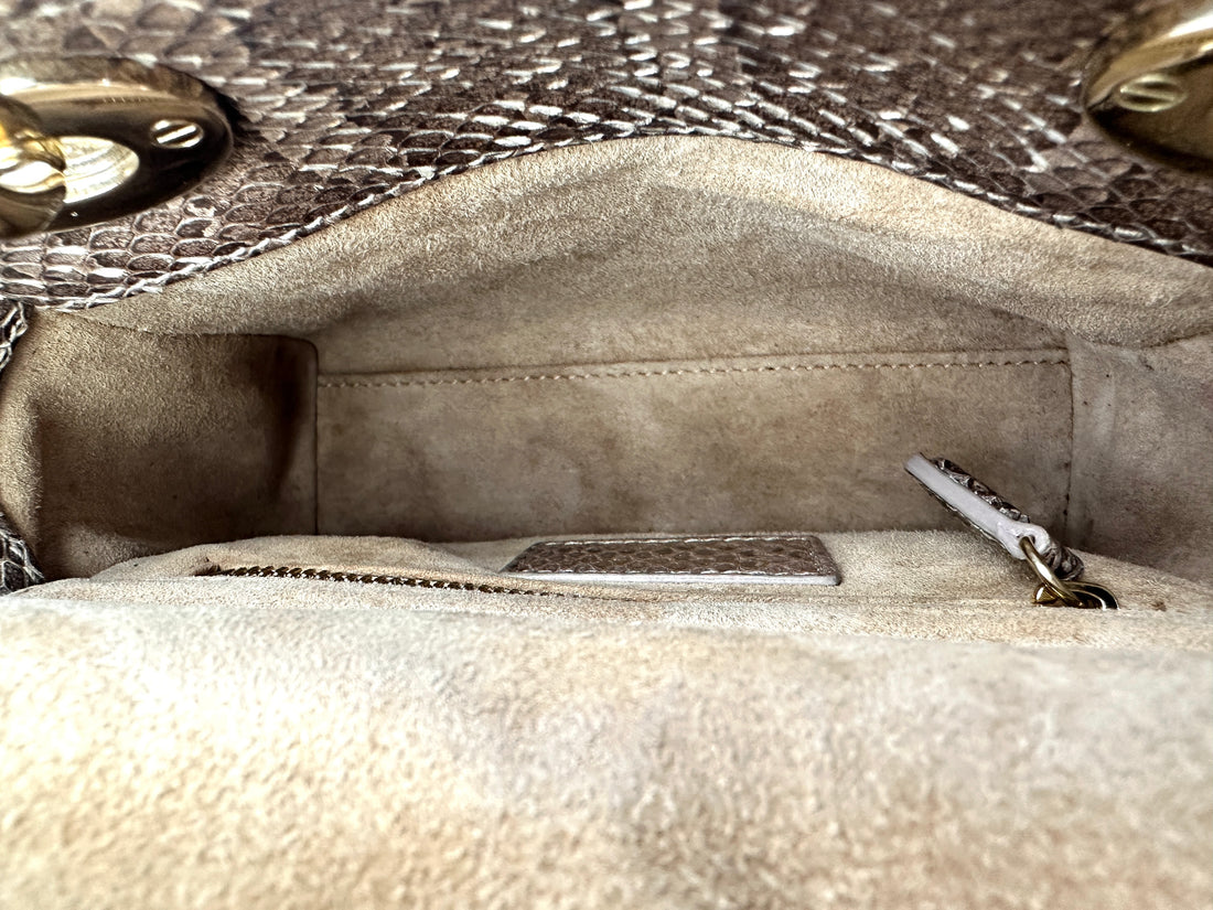 Christian Dior Lady Dior Metallic Gold Python Leather Handle Bag With Gold Charms DR691