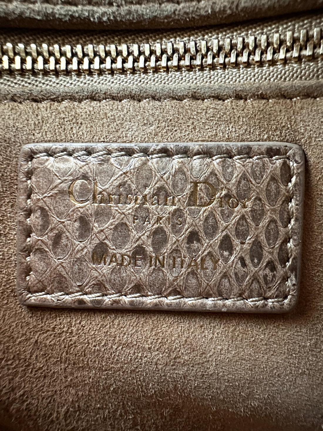 Christian Dior Lady Dior Metallic Gold Python Leather Handle Bag With Gold Charms DR691