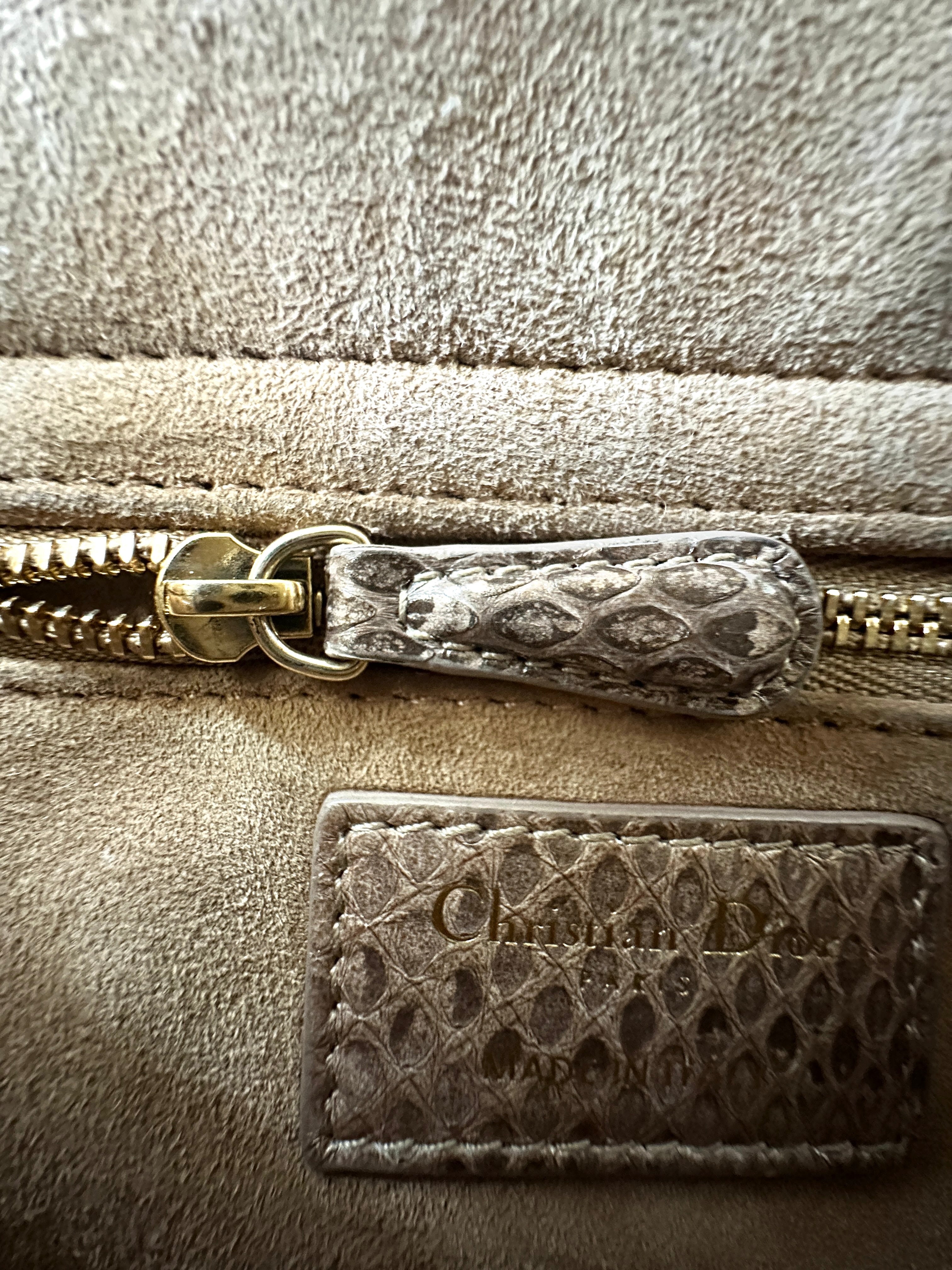 Christian Dior Lady Dior Metallic Gold Python Leather Handle Bag With Gold Charms DR691
