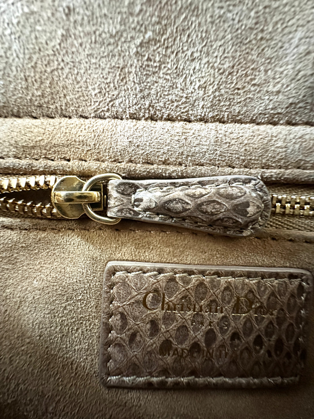 Christian Dior Lady Dior Metallic Gold Python Leather Handle Bag With Gold Charms DR691