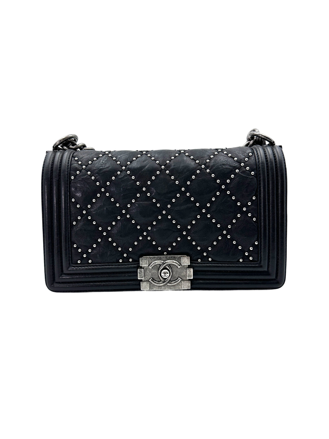 Chanel LeBoy Black Quilted Studded Leather Flap Bag With Aged Silver Buckle(21***55) CC1827