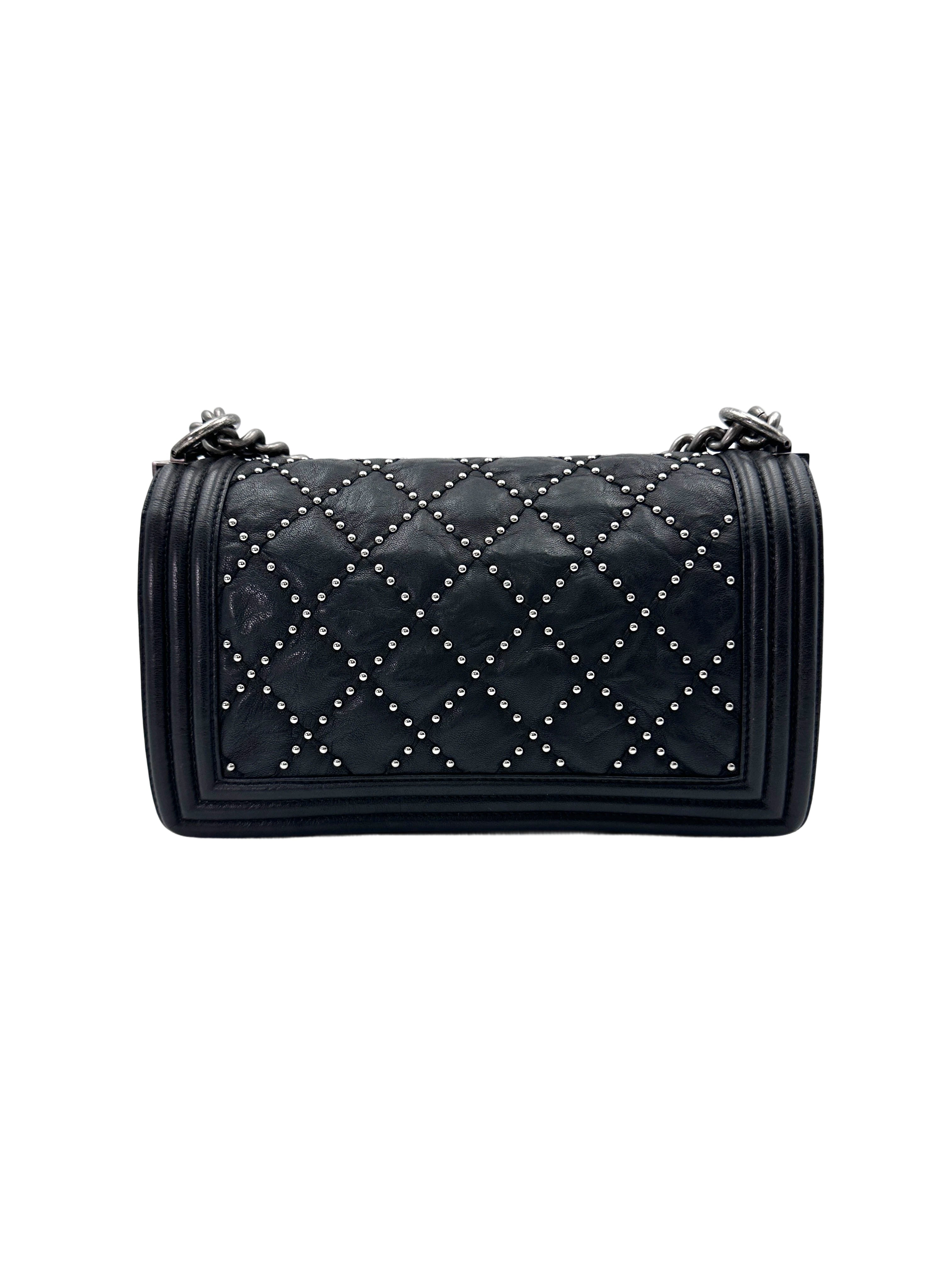 Chanel LeBoy Black Quilted Studded Leather Flap Bag With Aged Silver Buckle(21***55) CC1827