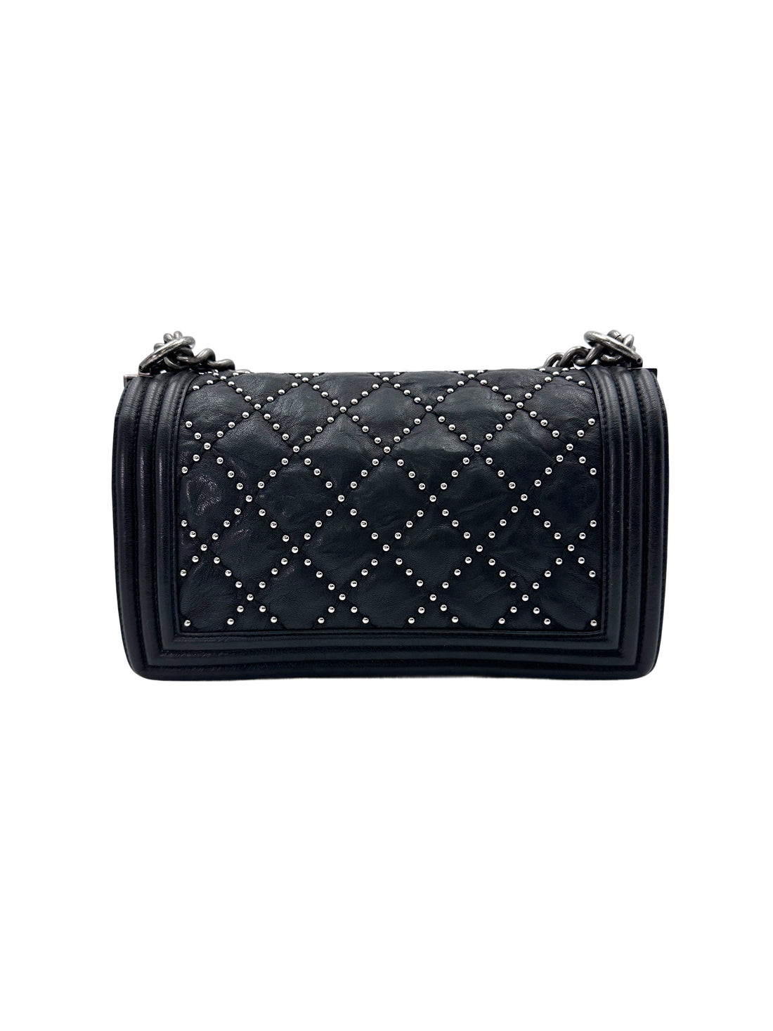 Chanel LeBoy Black Quilted Studded Leather Flap Bag With Aged Silver Buckle(21***55) CC1827