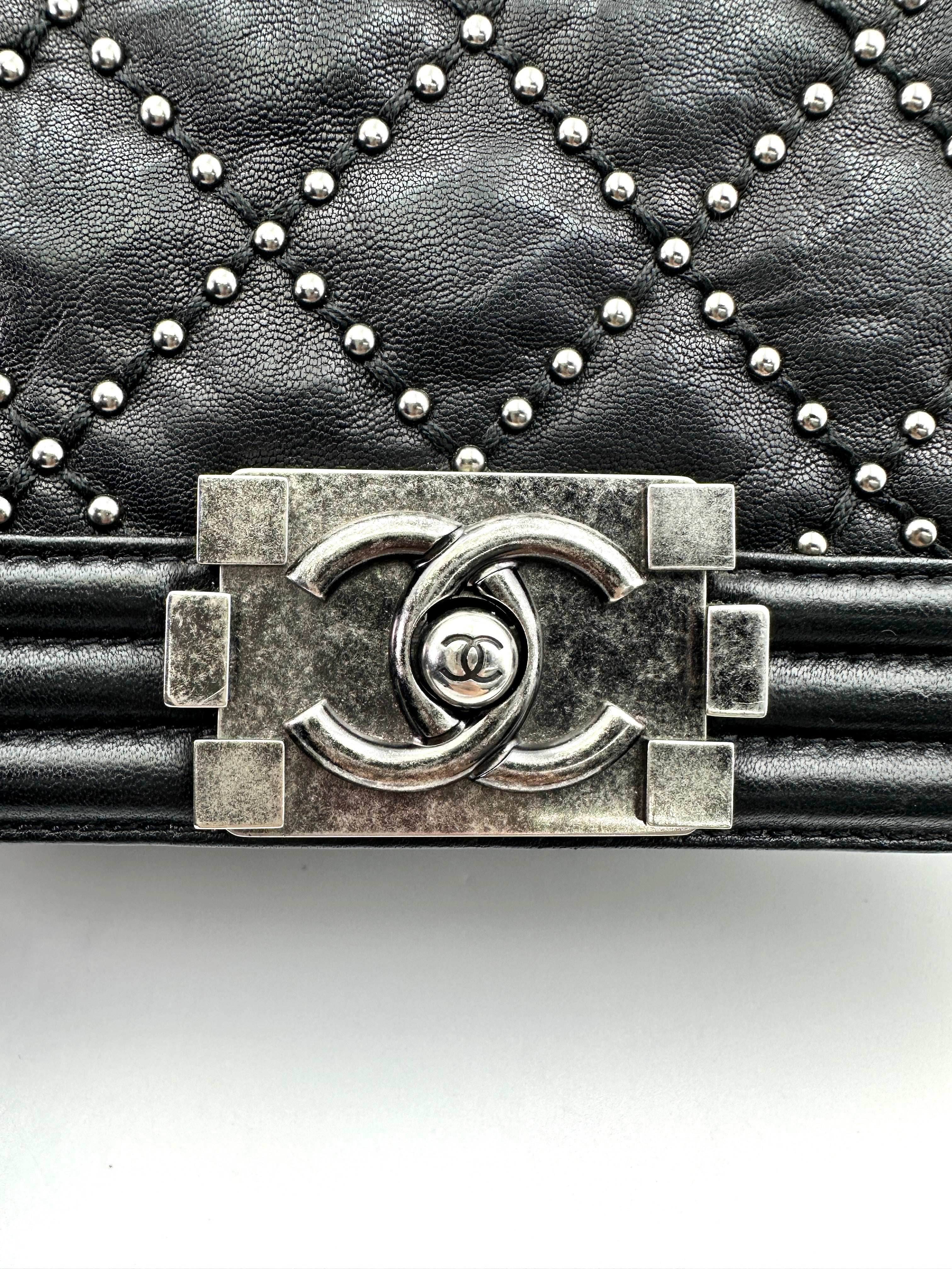 Chanel LeBoy Black Quilted Studded Leather Flap Bag With Aged Silver Buckle(21***55) CC1827