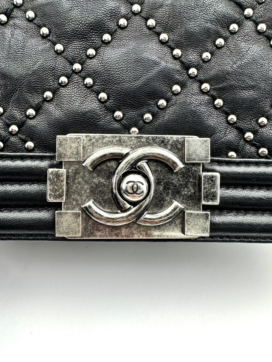 Chanel LeBoy Black Quilted Studded Leather Flap Bag With Aged Silver Buckle(21***55) CC1827
