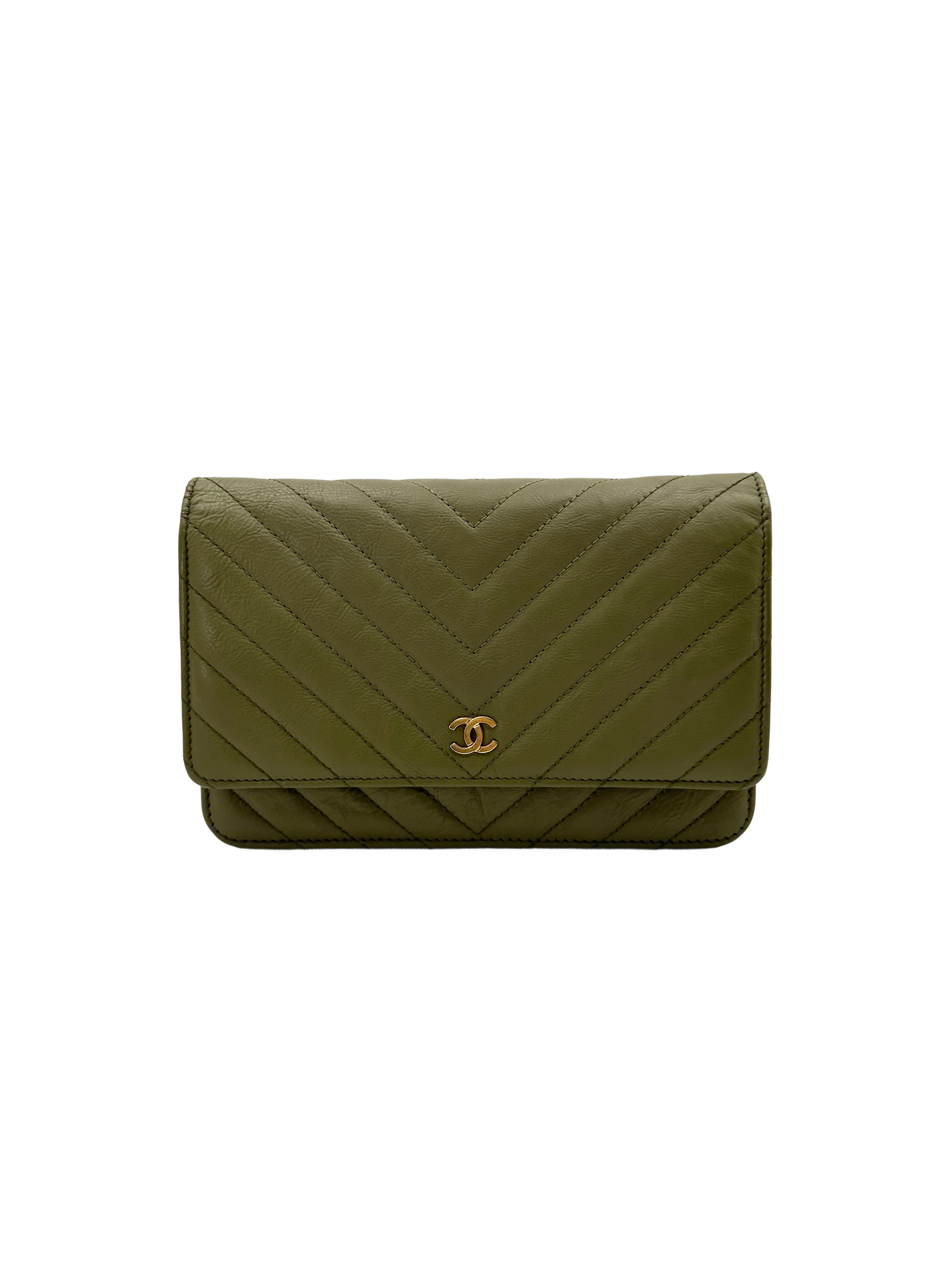 Chanel Green Chevron Quilted Leather Wallet On Chain With Gold Hardware(22***41) CC1825